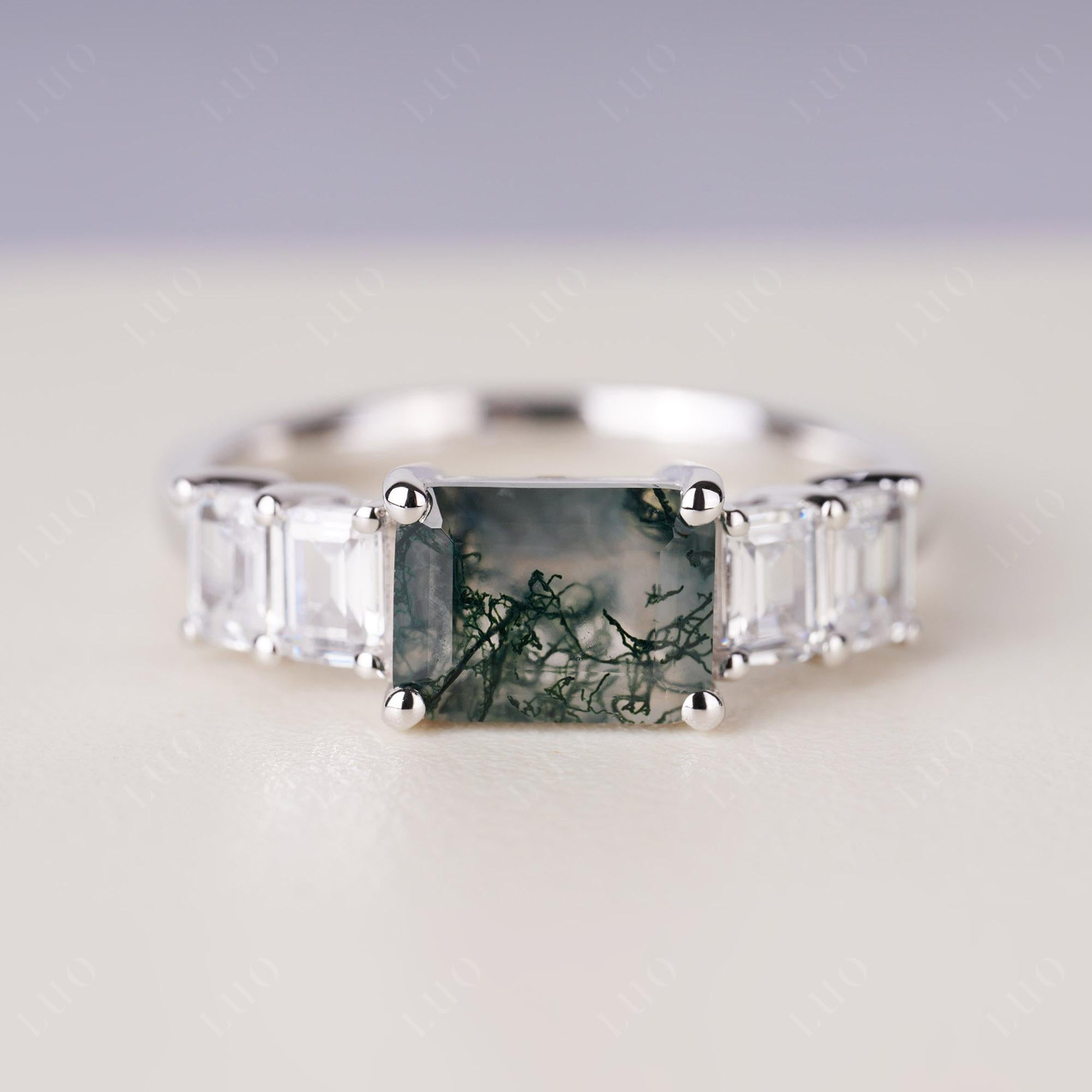 East West Emerald Cut Moss Agate Ring | LUO Jewelry