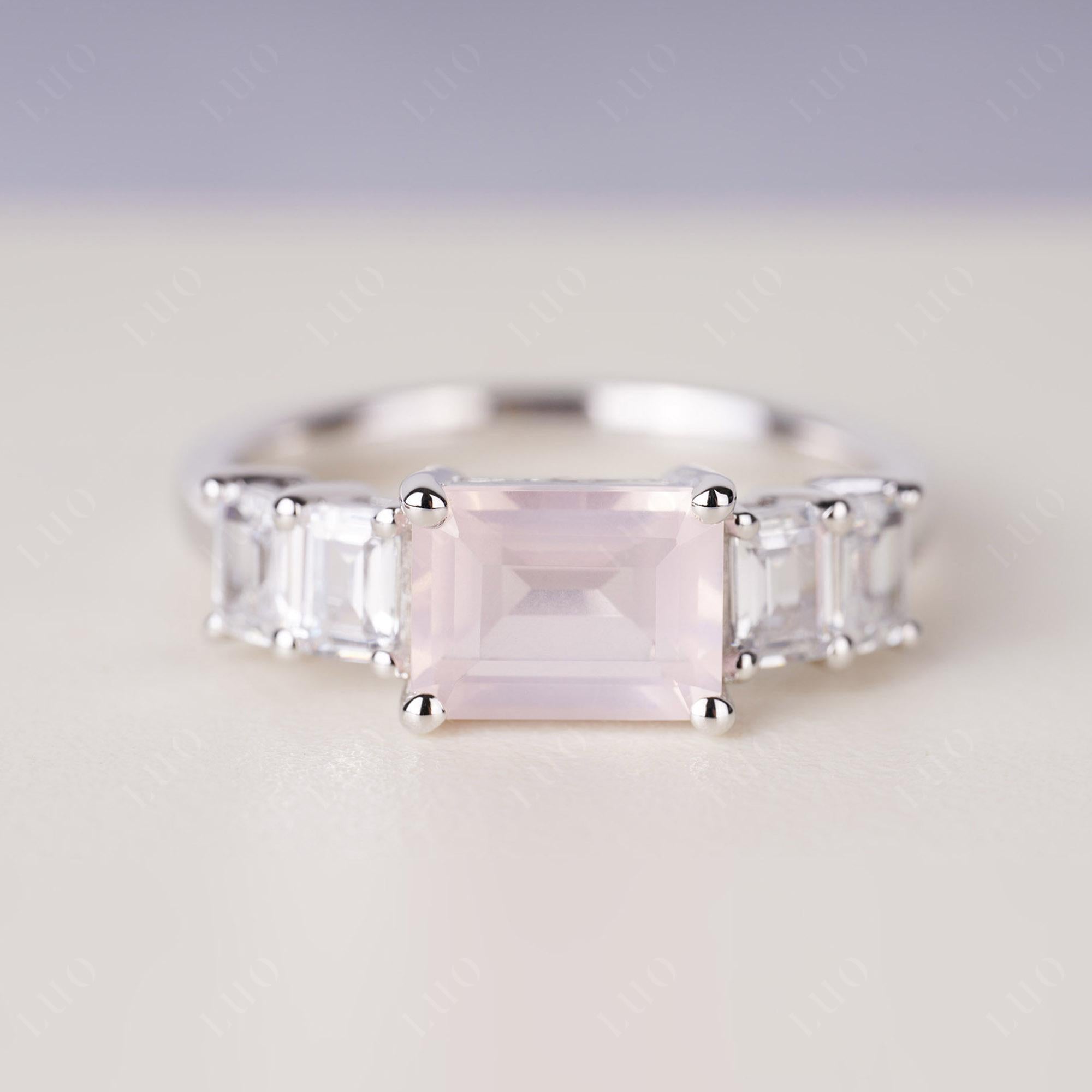 East West Emerald Cut Rose Quartz Ring | LUO Jewelry