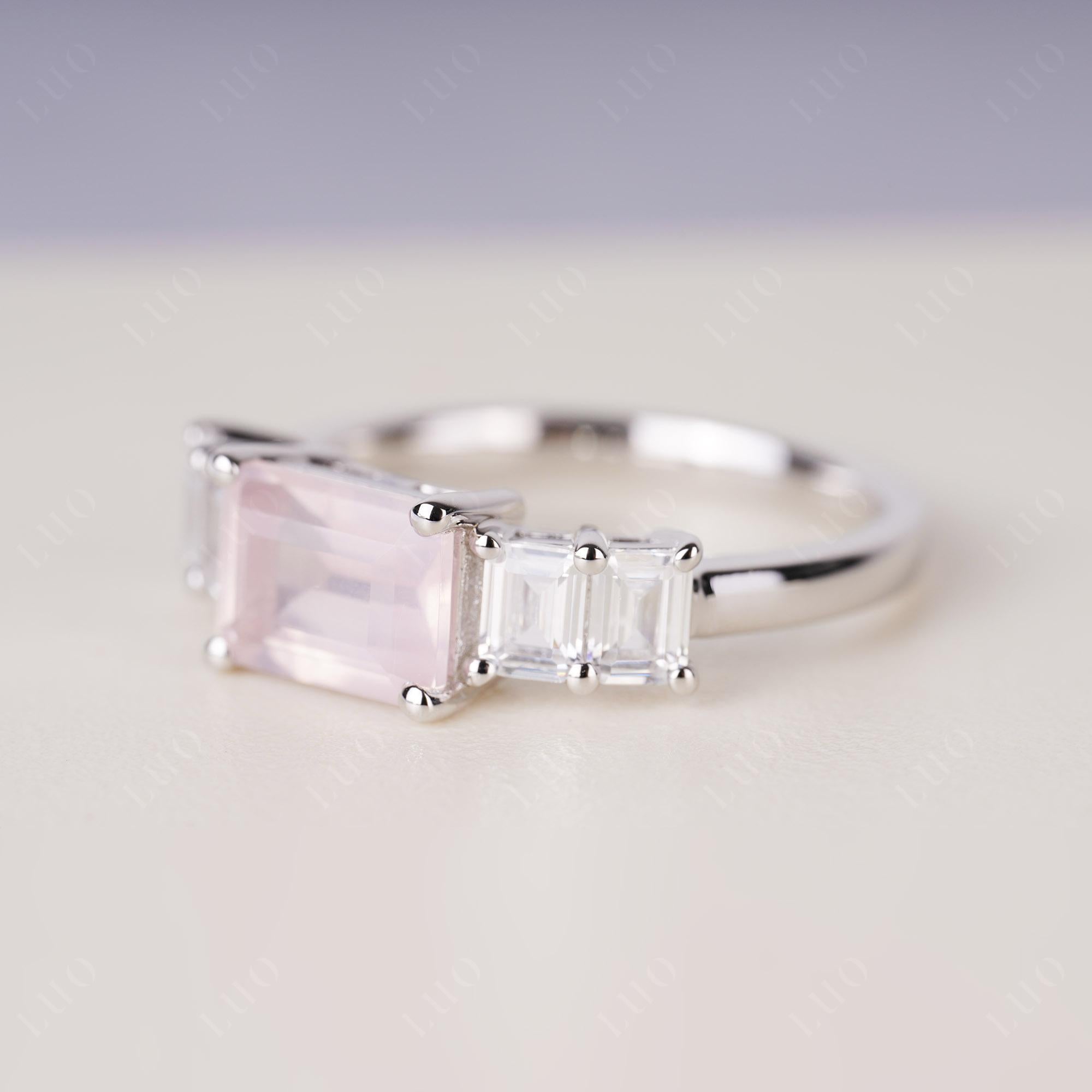East West Emerald Cut Rose Quartz Ring | LUO Jewelry