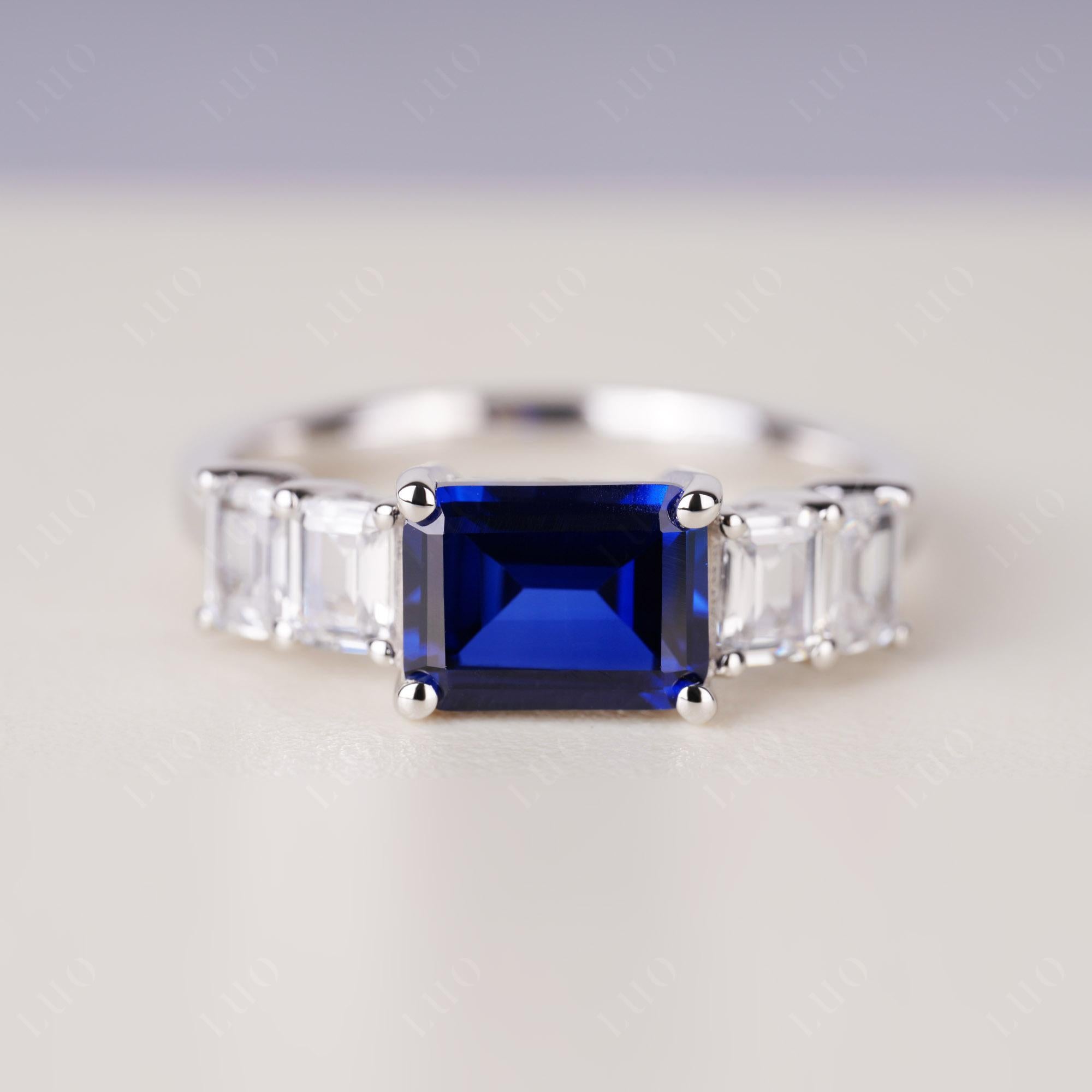 East West Emerald Cut Sapphire Ring | LUO Jewelry