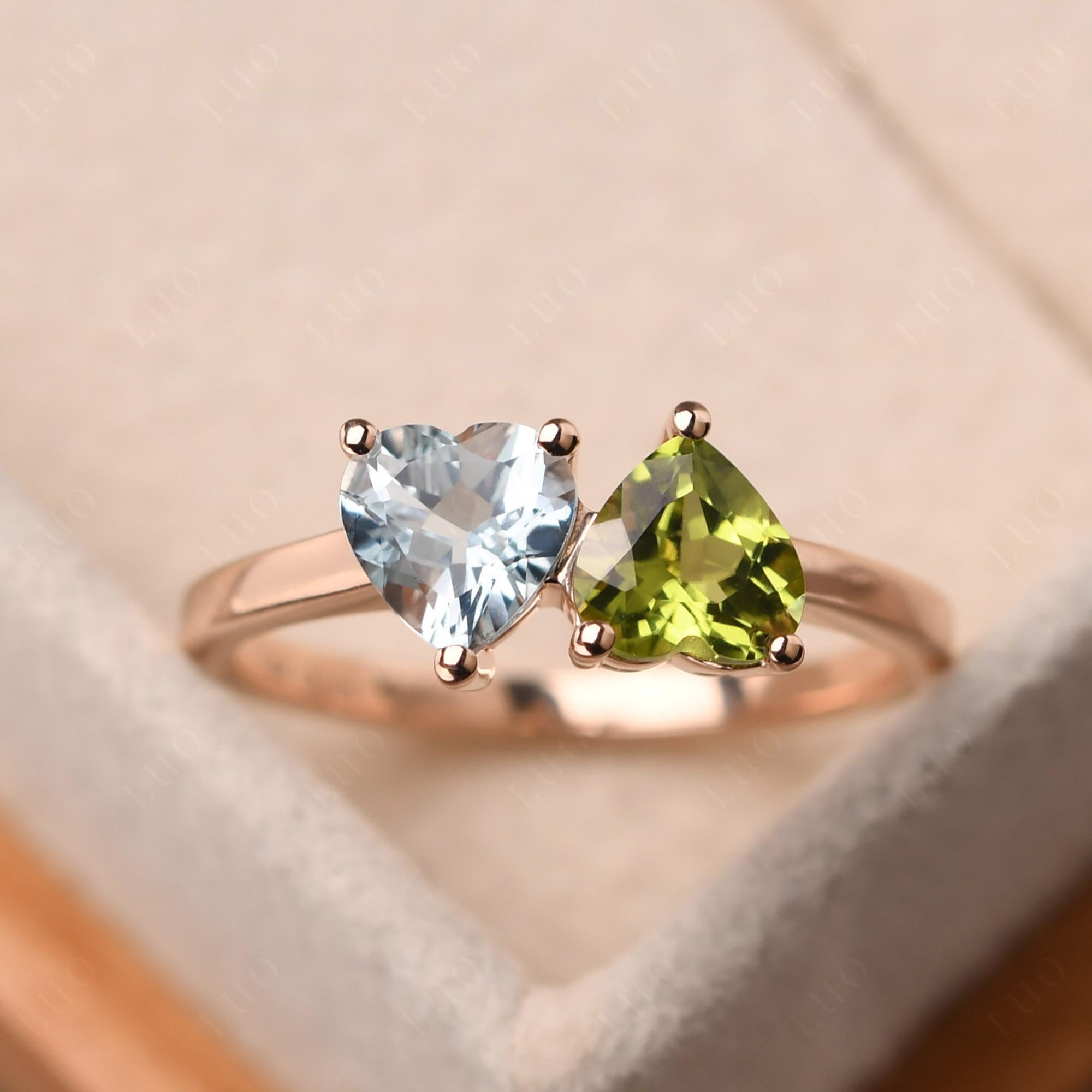 Heart Shape Aquamarine and Peridot Toi Et Moi Ring | LUO Jewelry