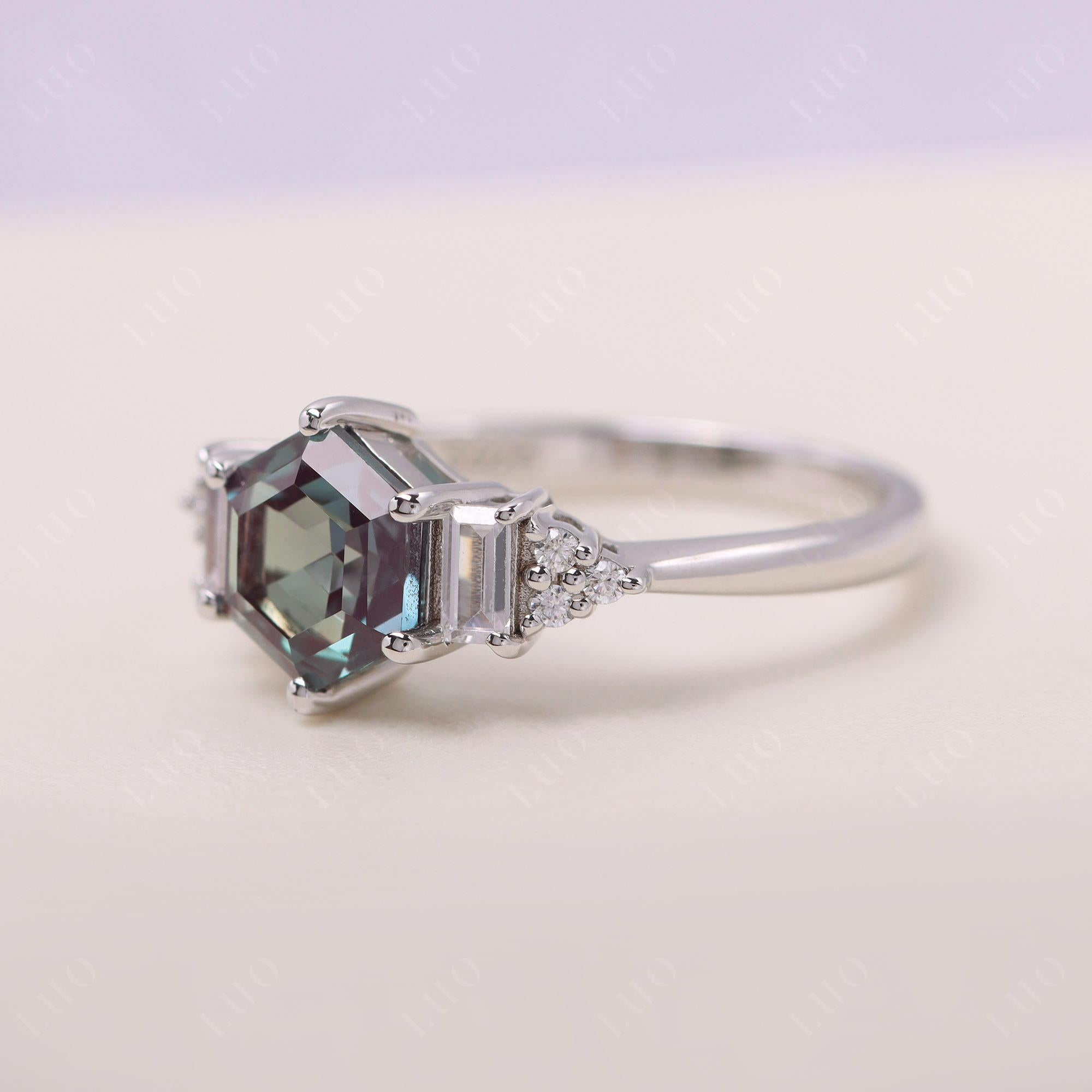 Hexagon Alexandrite Ring with Baguette - LUO Jewelry 