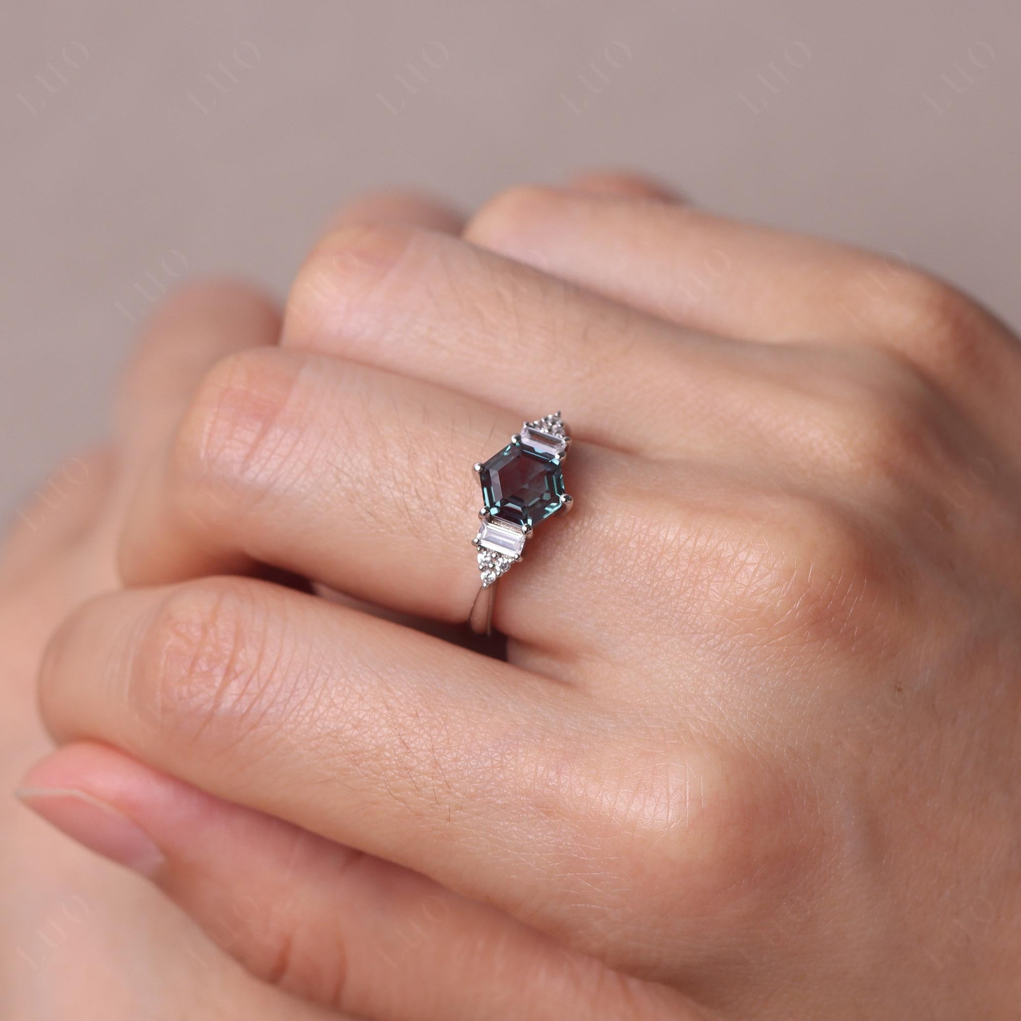 Hexagon Alexandrite Ring with Baguette - LUO Jewelry 
