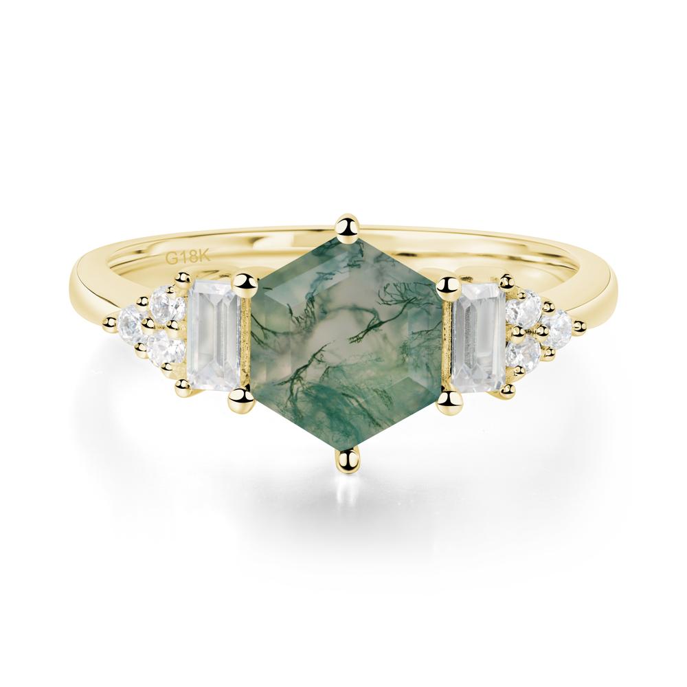 Hexagon Moss Agate Ring with Baguette - LUO Jewelry #metal_18k yellow gold