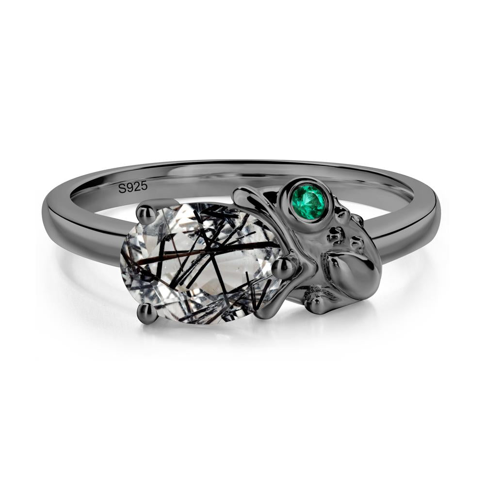 Nature Inspired Toad Black Rutilated Quartz and Emerald Ring - LUO Jewelry #metal_black finish sterling silver