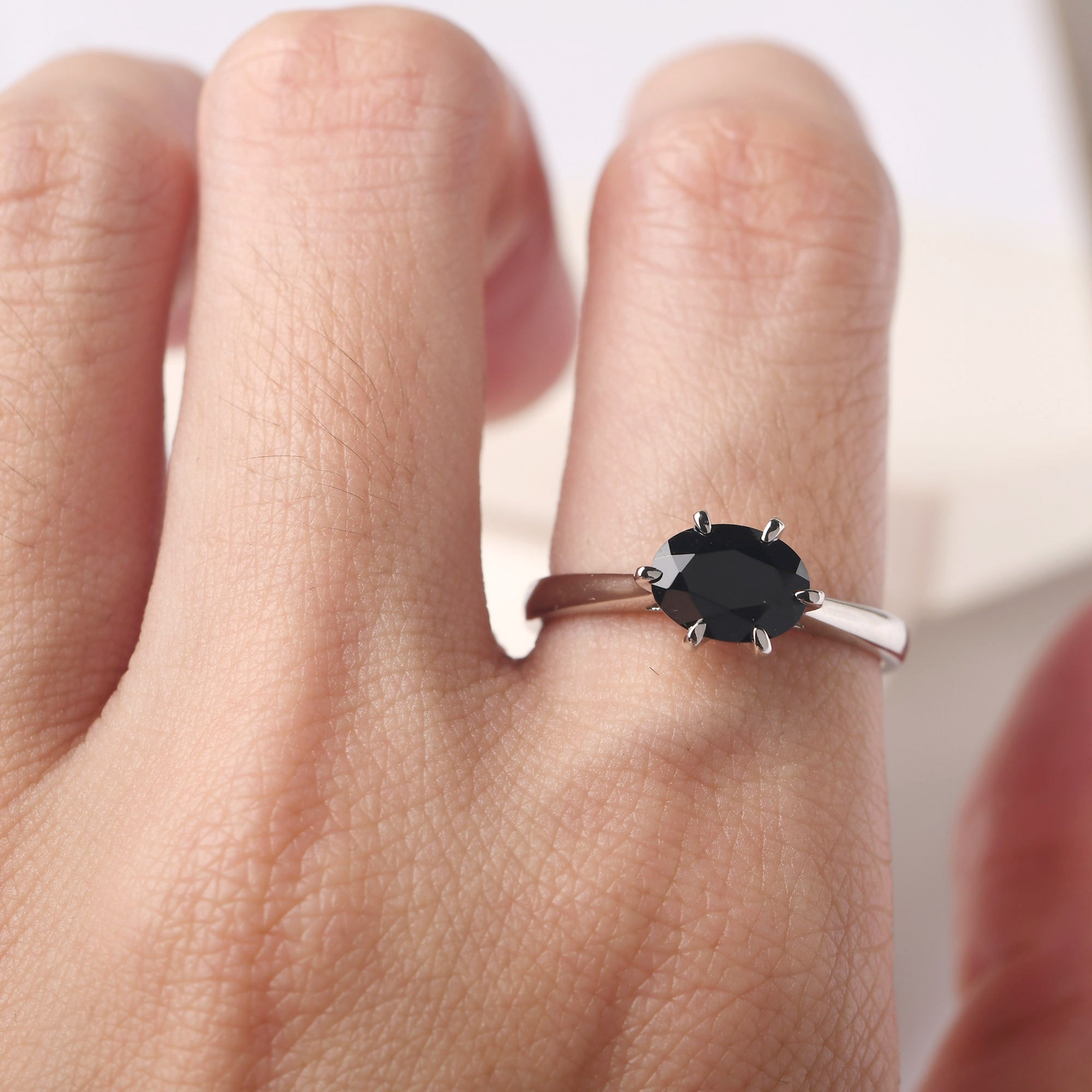 Black Spinel 6 Prong Oval Engagement Ring