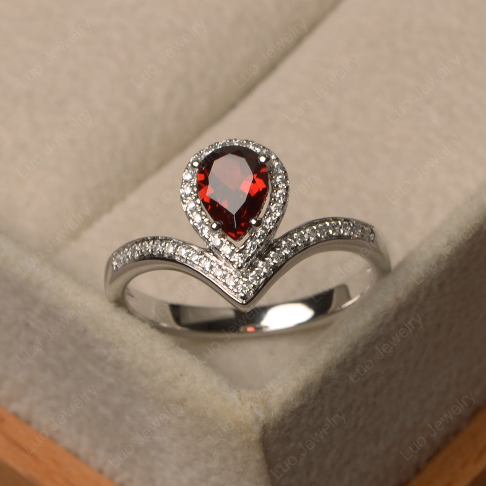 Teardrop Shaped Garnet Halo Engagement Ring - LUO Jewelry