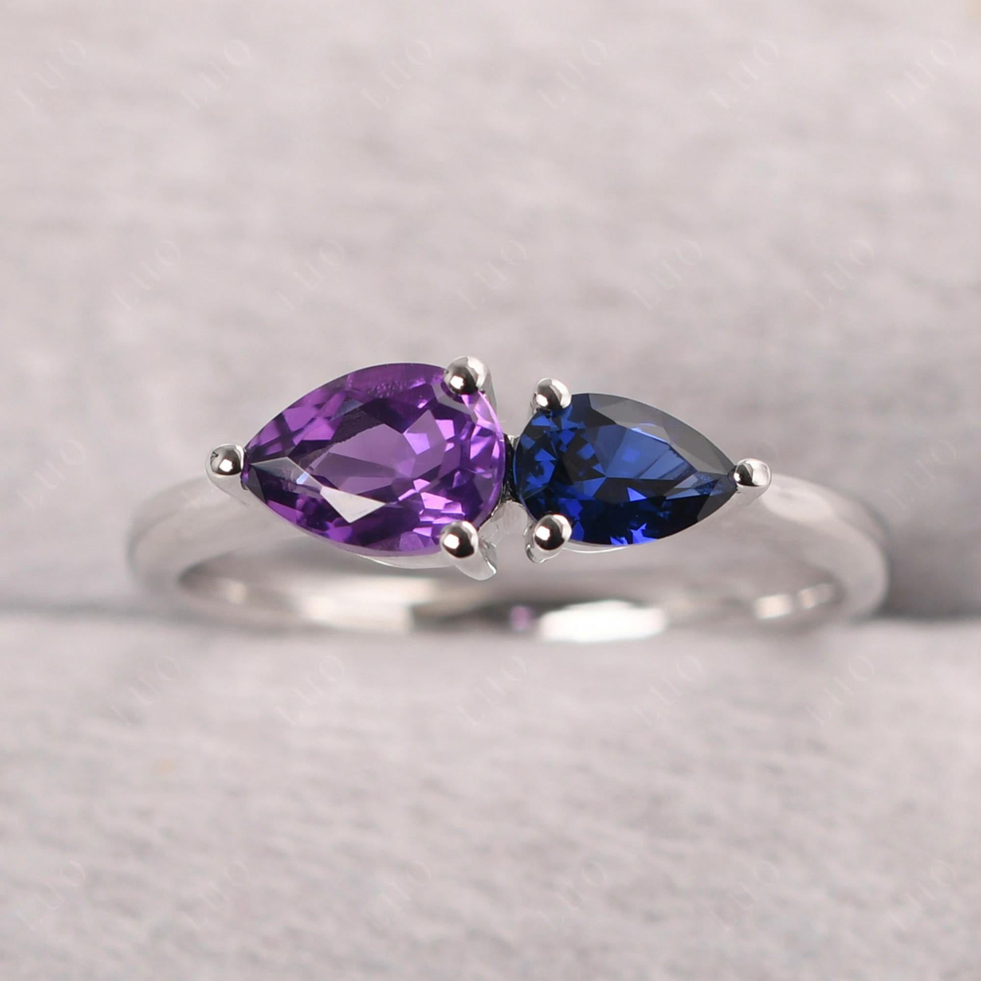 East West Pear Amethyst and Sapphire Ring - LUO Jewelry
