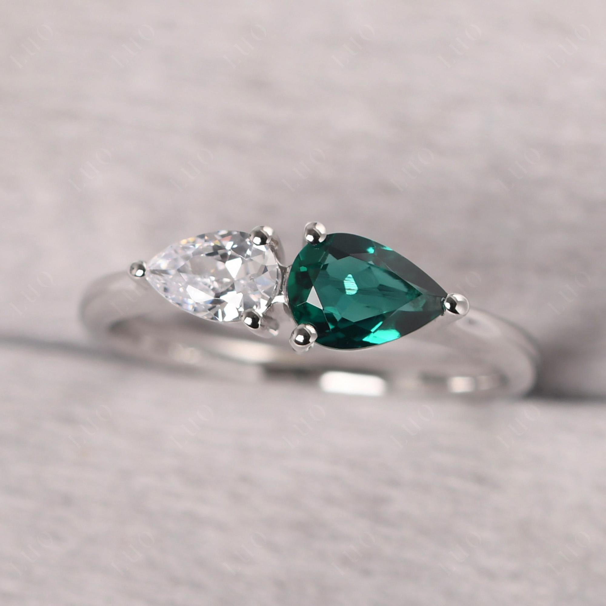 East West Pear Cubic Zirconia and Emerald Ring - LUO Jewelry