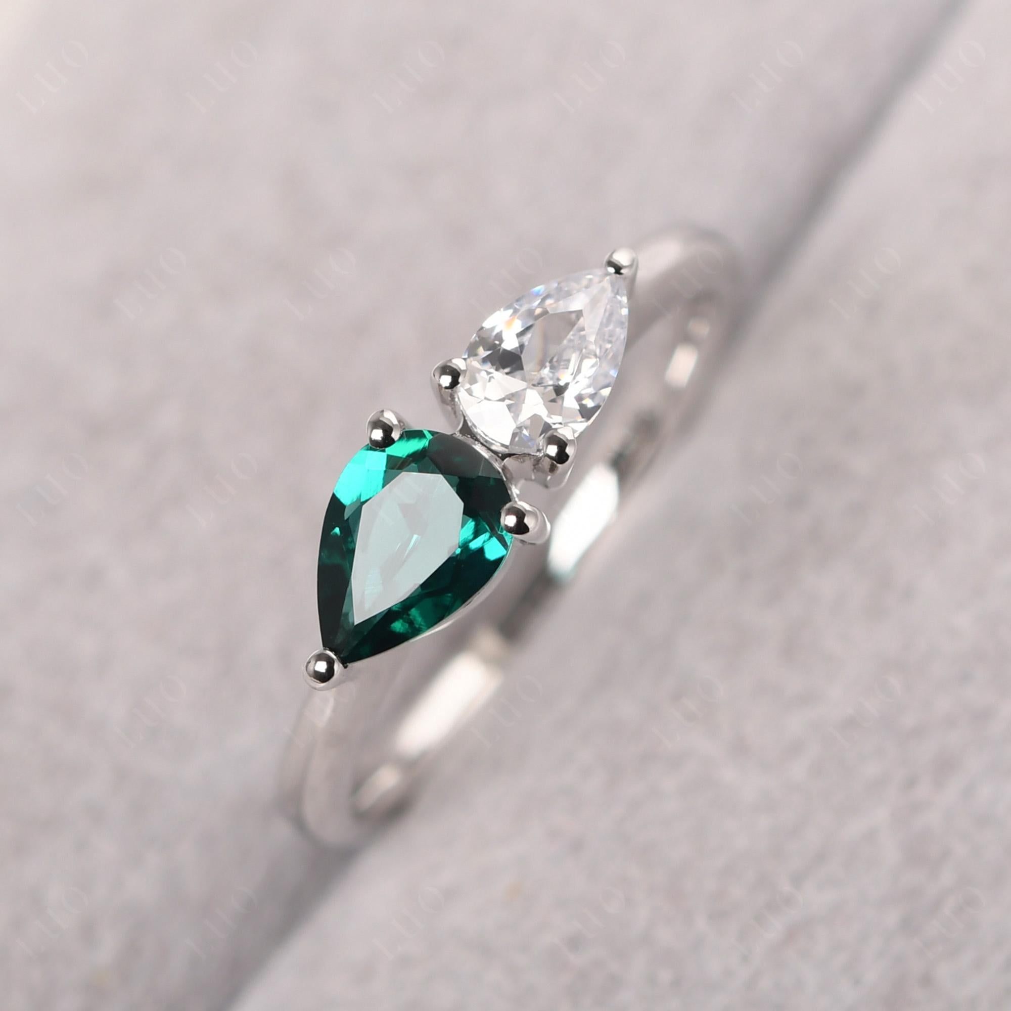 East West Pear Cubic Zirconia and Emerald Ring - LUO Jewelry