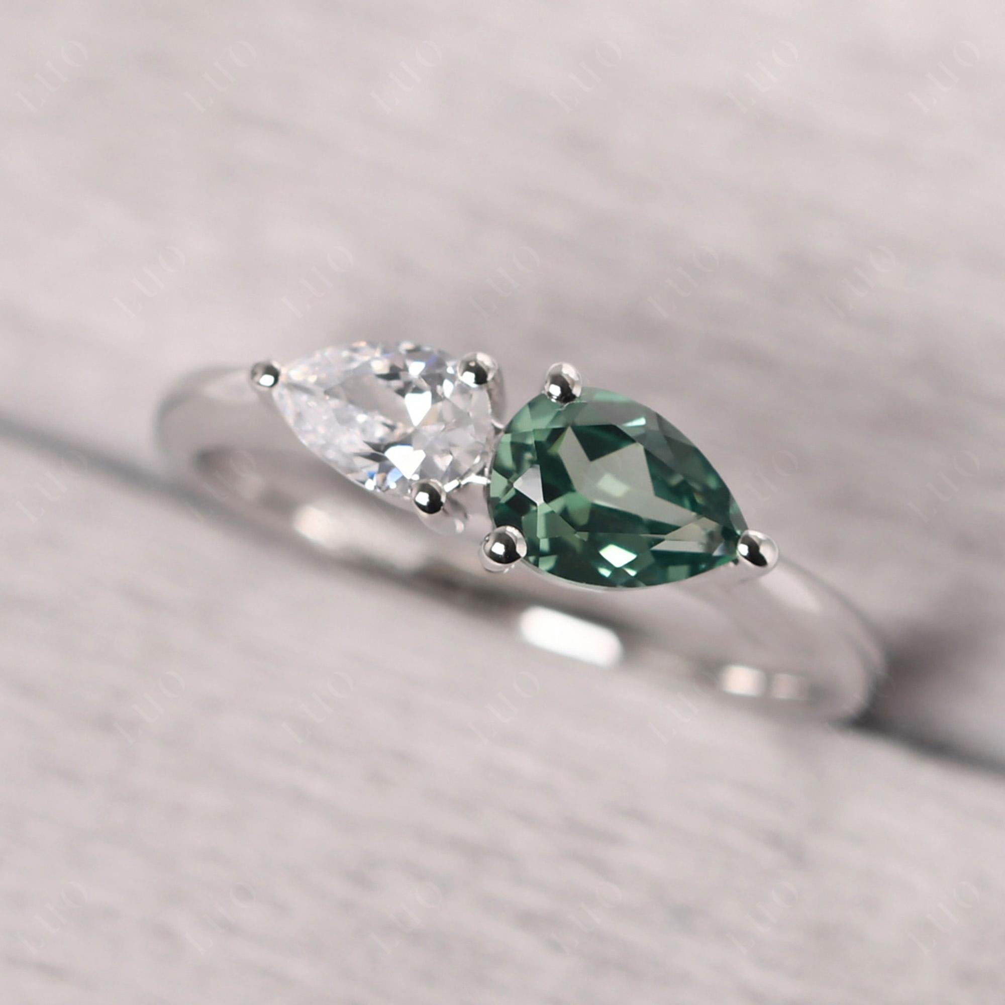 East West Pear Cubic Zirconia and Green Sapphire Ring - LUO Jewelry