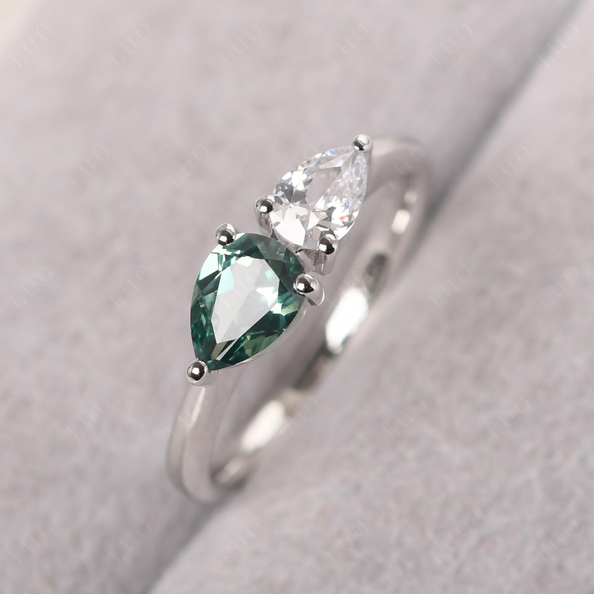 East West Pear Cubic Zirconia and Green Sapphire Ring - LUO Jewelry