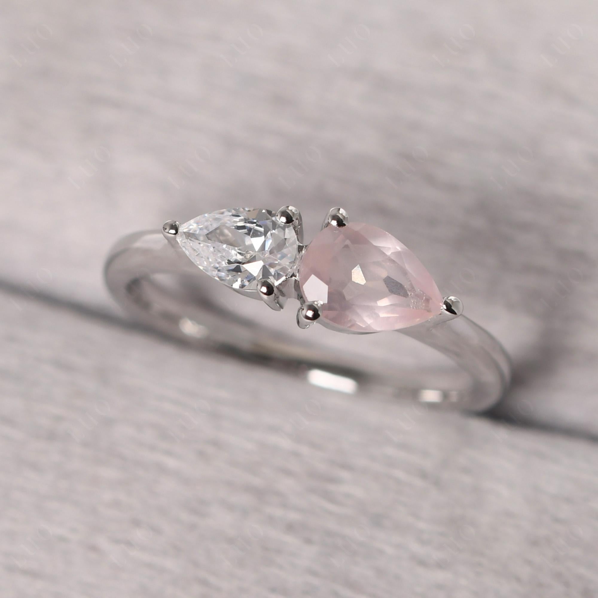 East West Pear Cubic Zirconia and Rose Quartz Ring - LUO Jewelry
