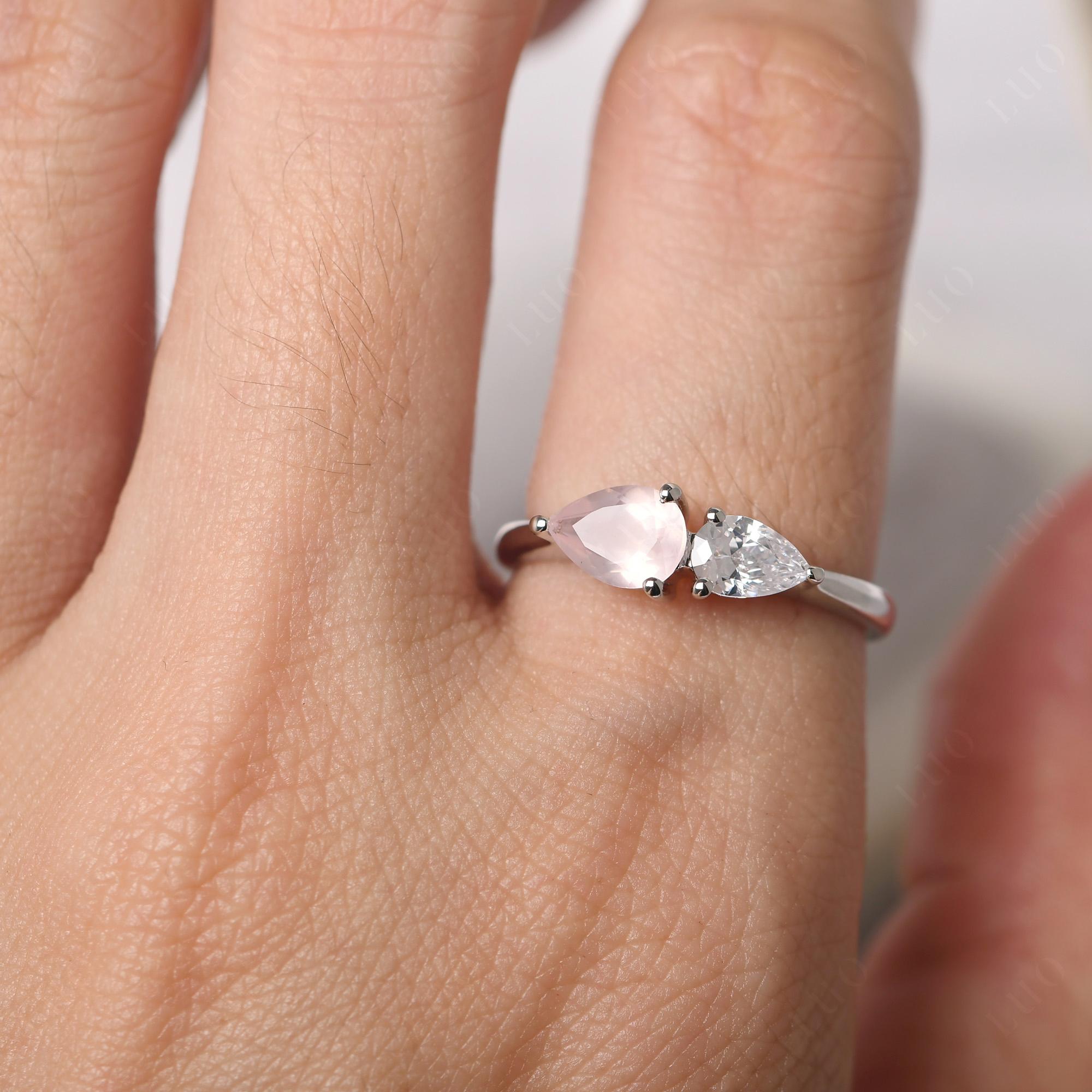 East West Pear Cubic Zirconia and Rose Quartz Ring - LUO Jewelry