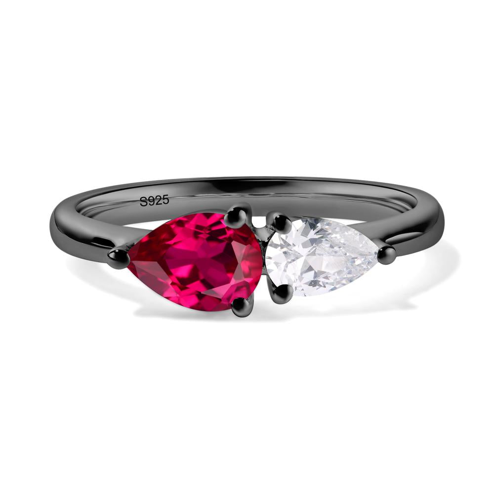 East West Pear Cubic Zirconia and Ruby Ring - LUO Jewelry #metal_black finish sterling silver