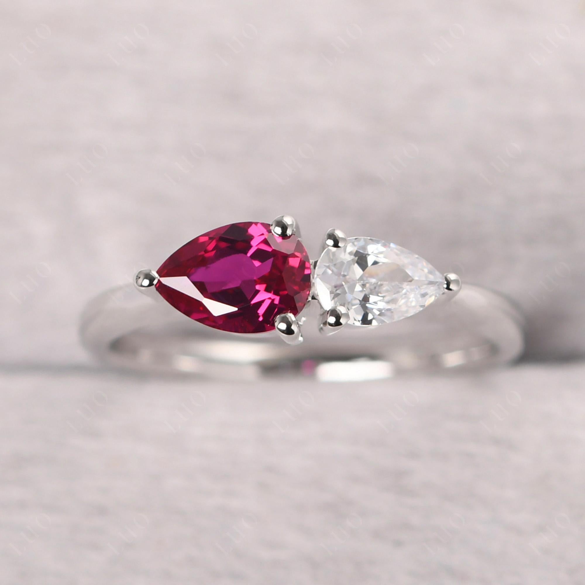 East West Pear Cubic Zirconia and Ruby Ring - LUO Jewelry