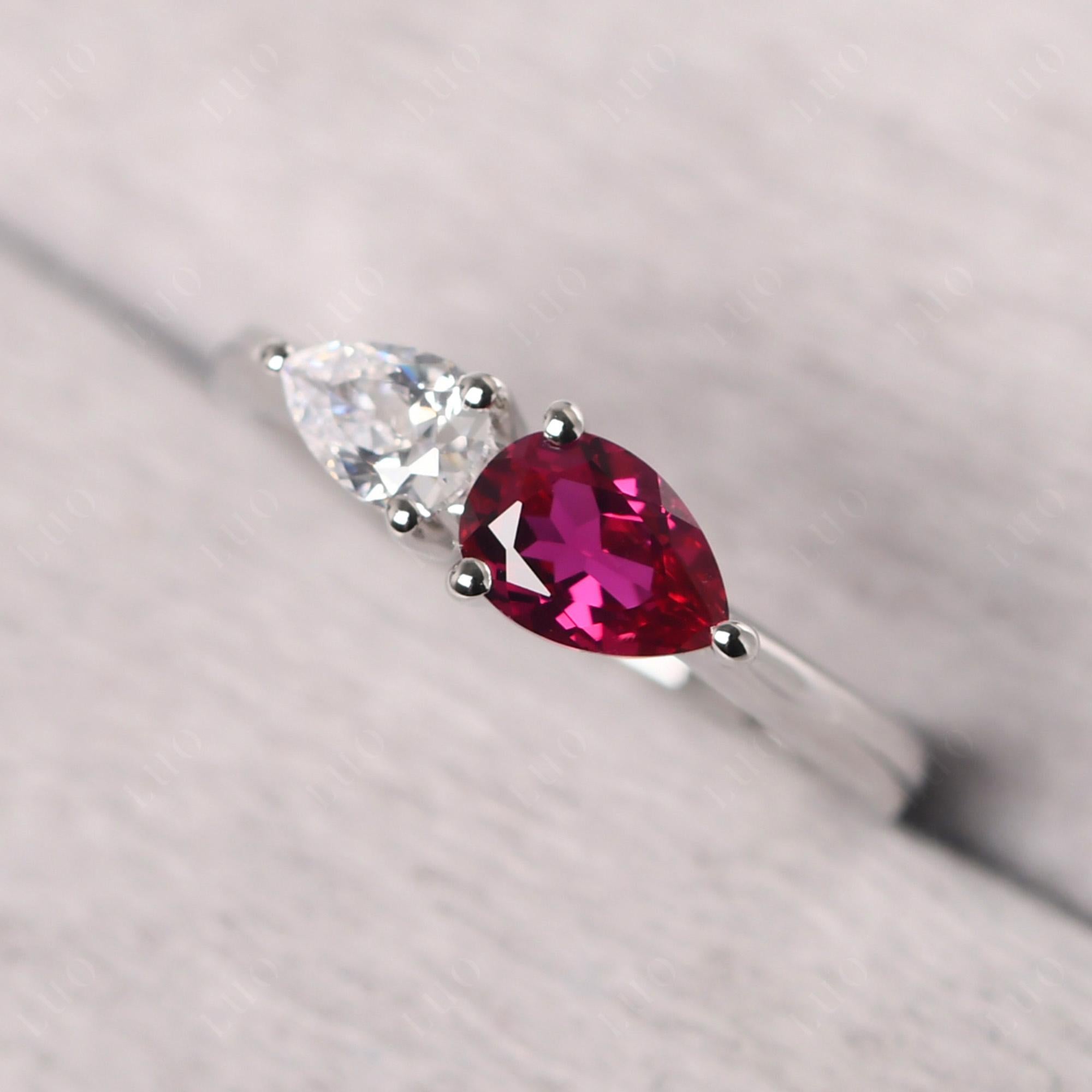 East West Pear Cubic Zirconia and Ruby Ring - LUO Jewelry