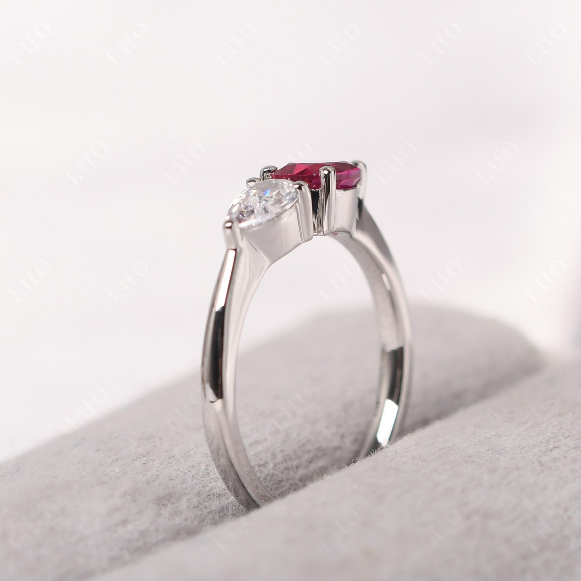 East West Pear Cubic Zirconia and Ruby Ring - LUO Jewelry