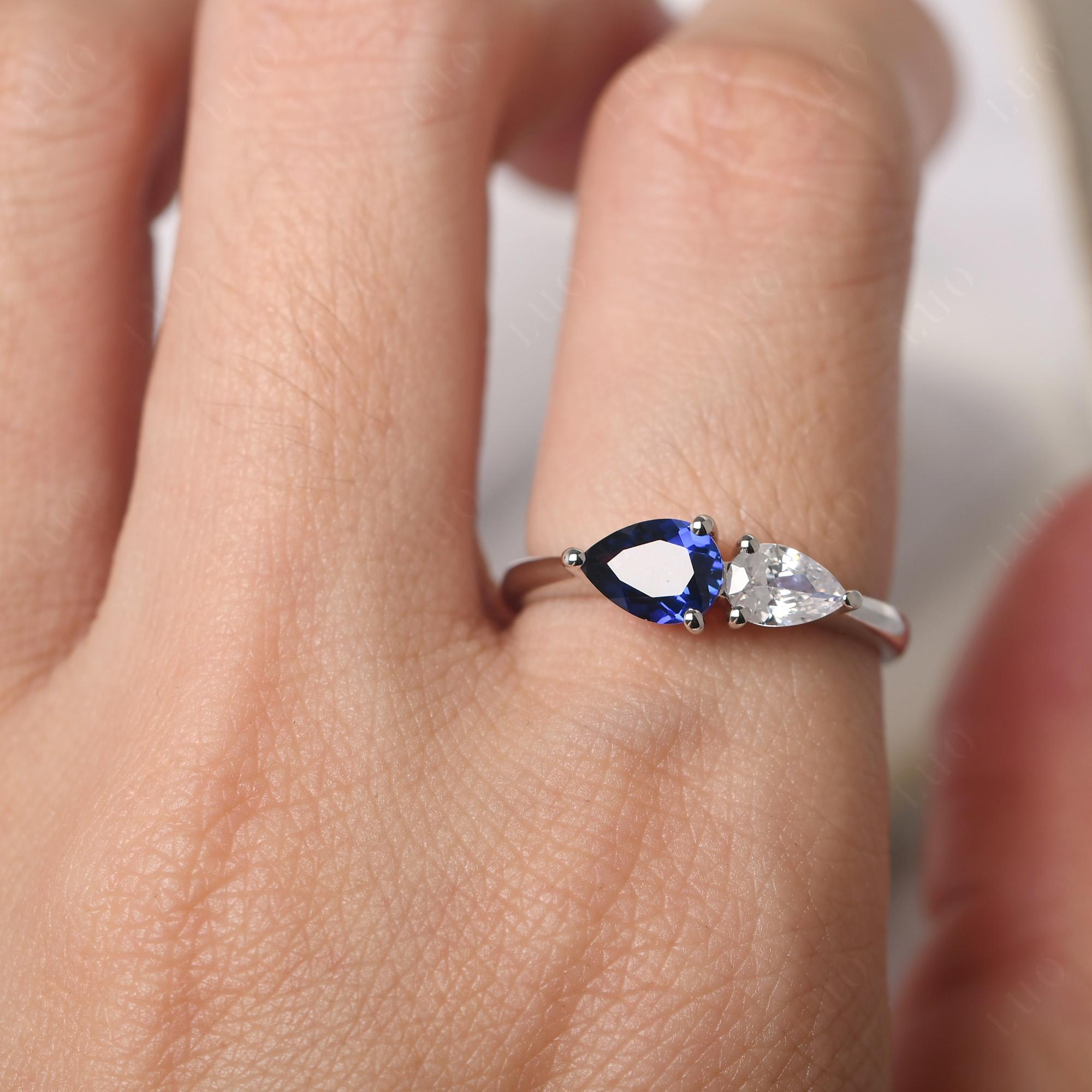 East West Pear Cubic Zirconia and Sapphire Ring - LUO Jewelry