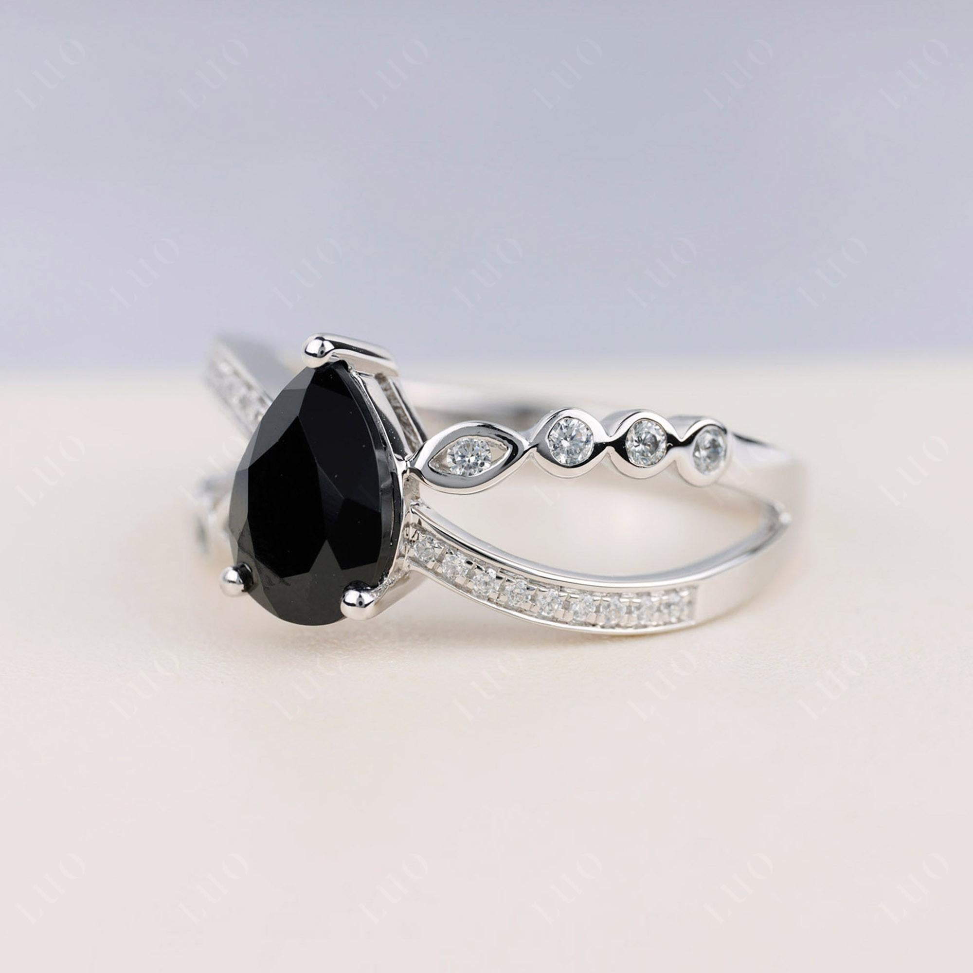 Pear Shaped Black Spinel Crossover Ring - LUO Jewelry 