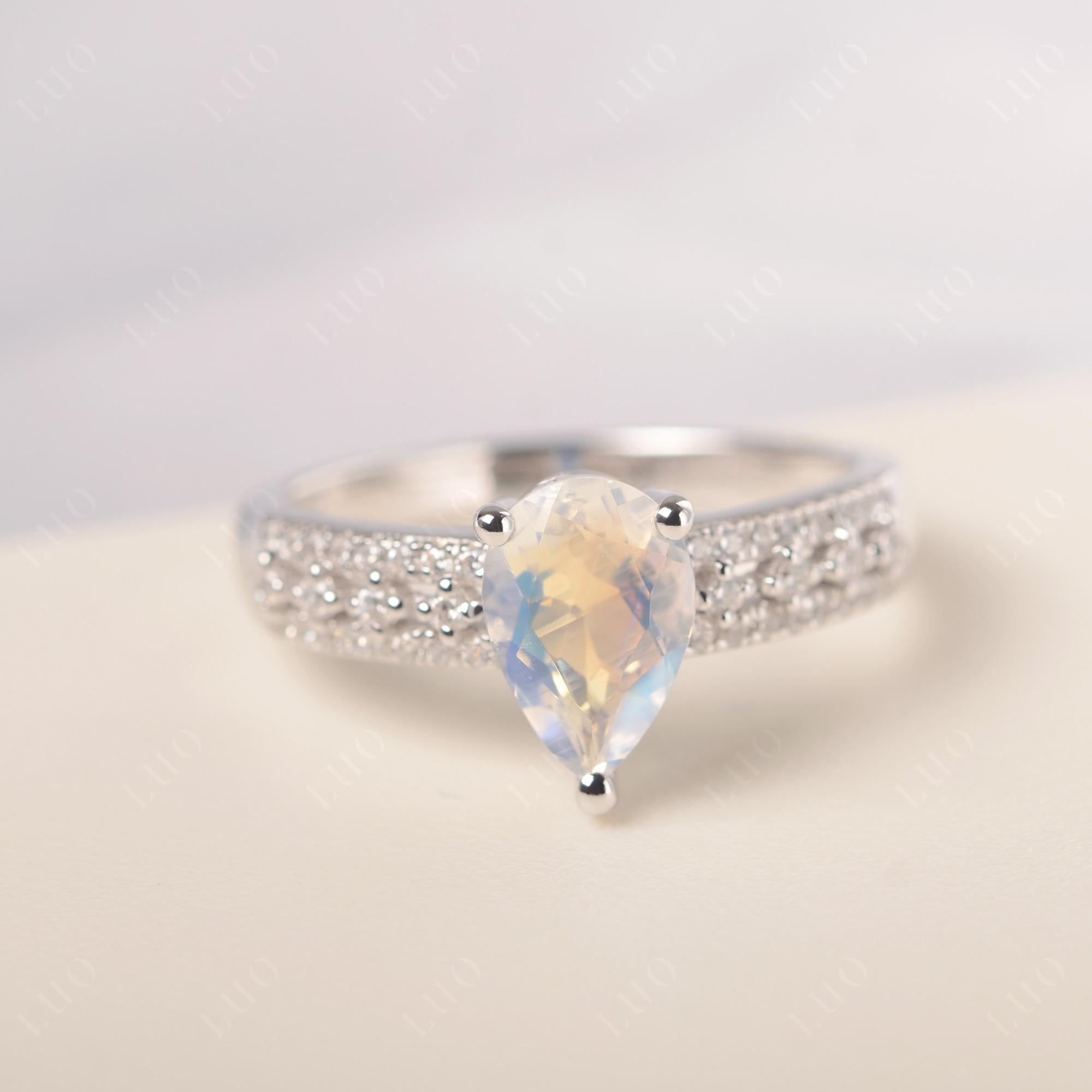 Moonstone 3 Rows Pave Engagement Ring - LUO Jewelry 