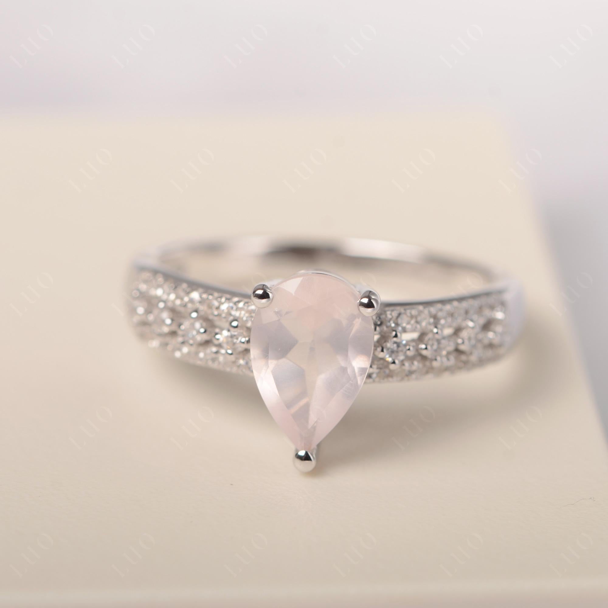 Rose Quartz 3 Rows Pave Engagement Ring - LUO Jewelry 