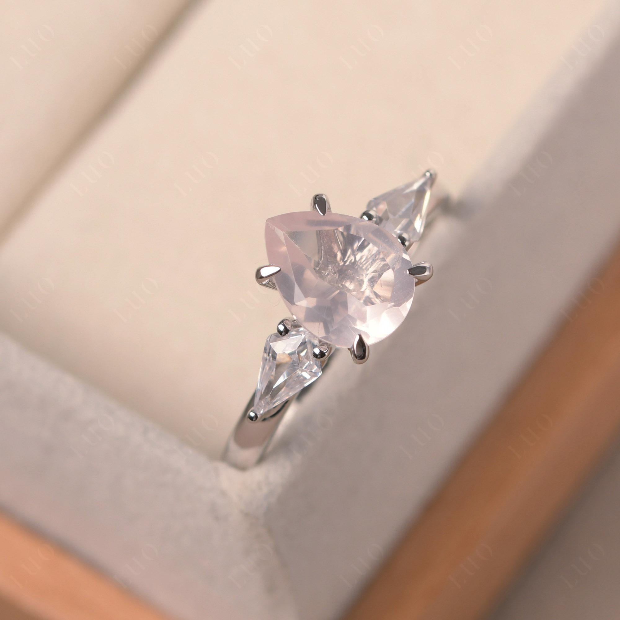 Pear Rose Quartz Trilogy Engagement Ring - LUO Jewelry 