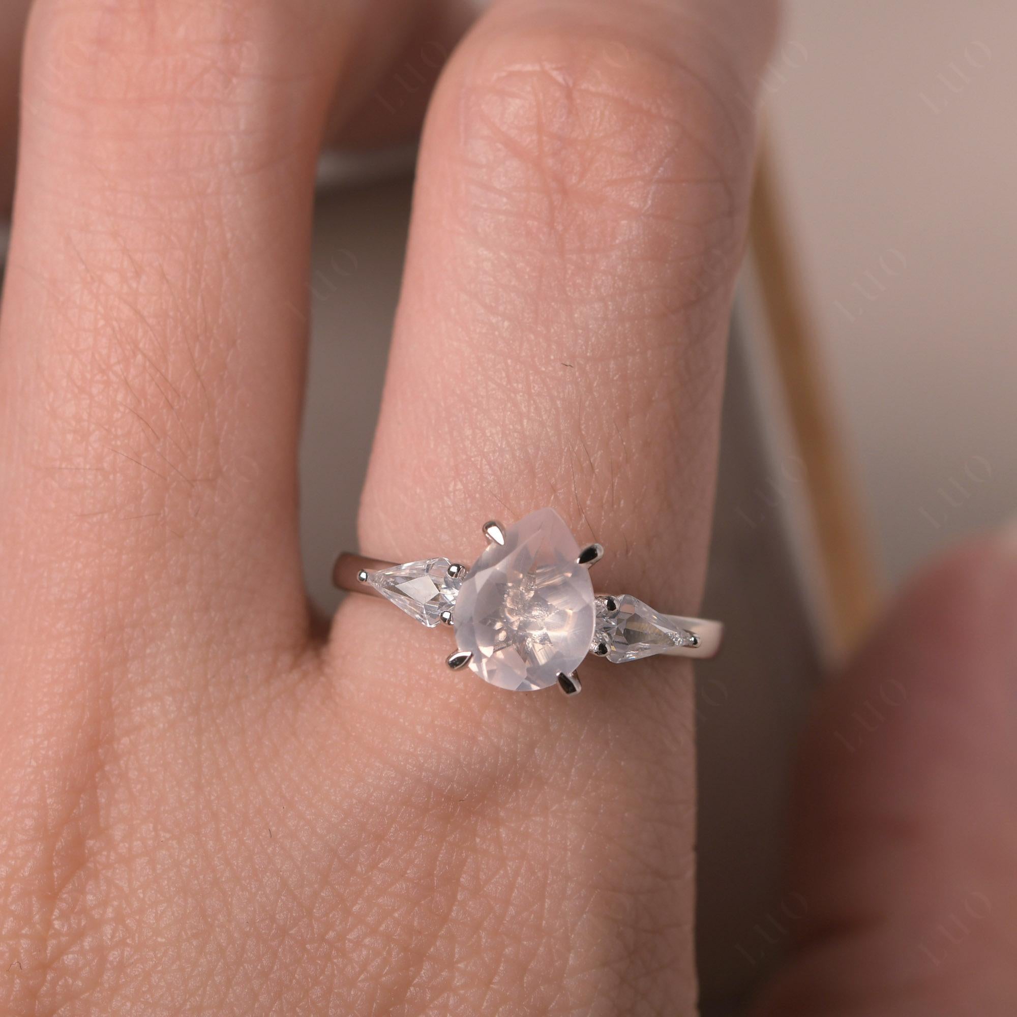 Pear Rose Quartz Trilogy Engagement Ring - LUO Jewelry 