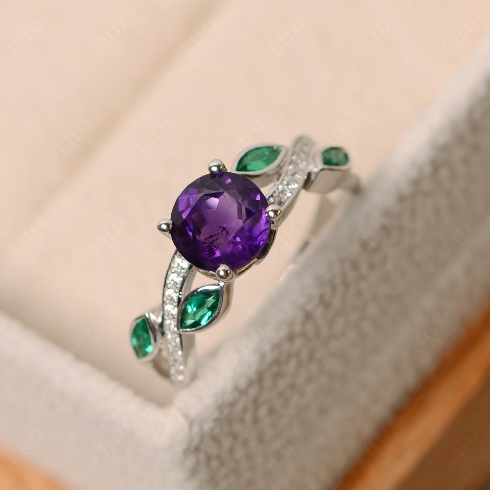 Amethyst and Emerald Twisted Leaf Engagement Ring - LUO Jewelry 