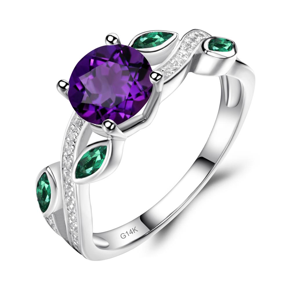Amethyst and Emerald Twisted Leaf Engagement Ring - LUO Jewelry #metal_14k white gold