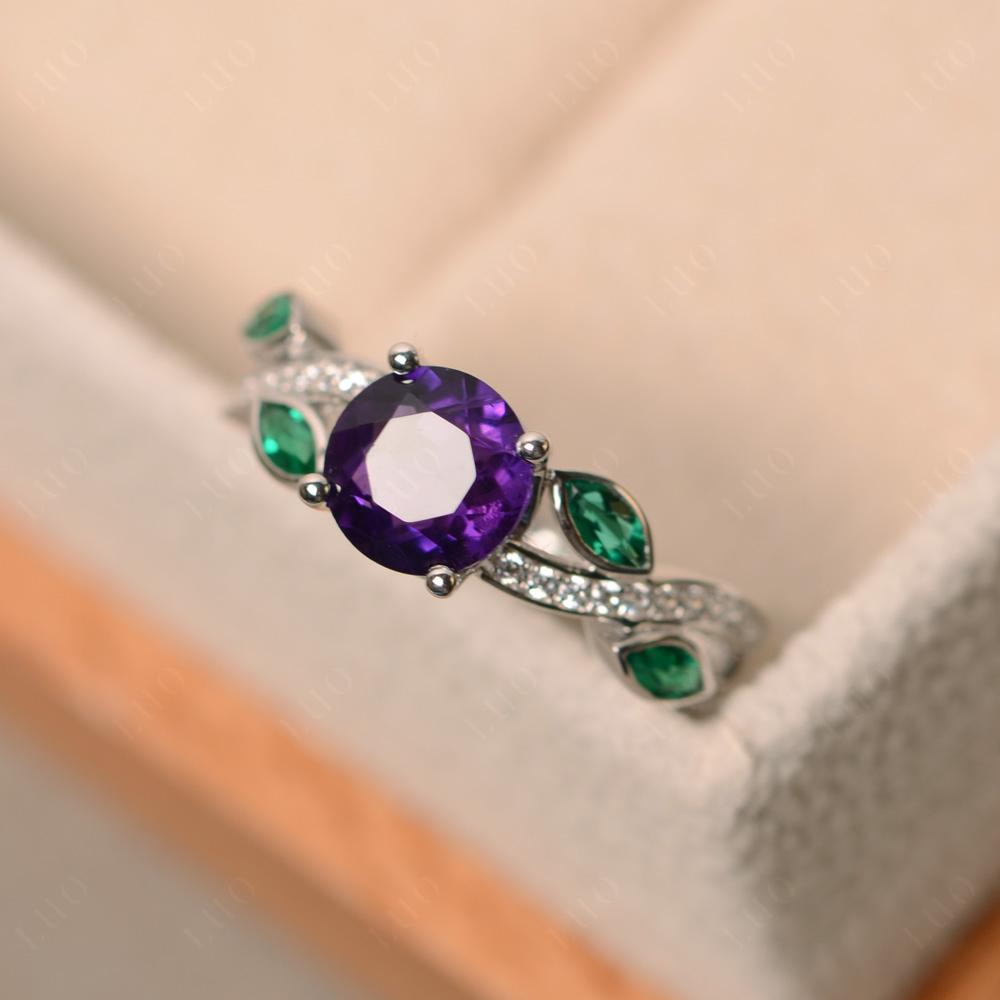 Amethyst and Emerald Twisted Leaf Engagement Ring - LUO Jewelry 