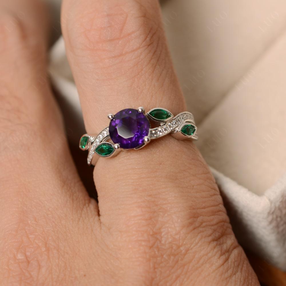 Amethyst and Emerald Twisted Leaf Engagement Ring - LUO Jewelry 