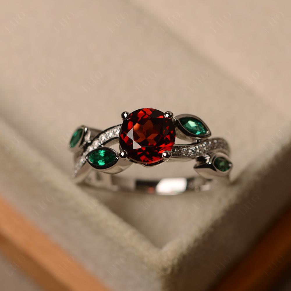 Garnet and Emerald Twisted Leaf Engagement Ring - LUO Jewelry 
