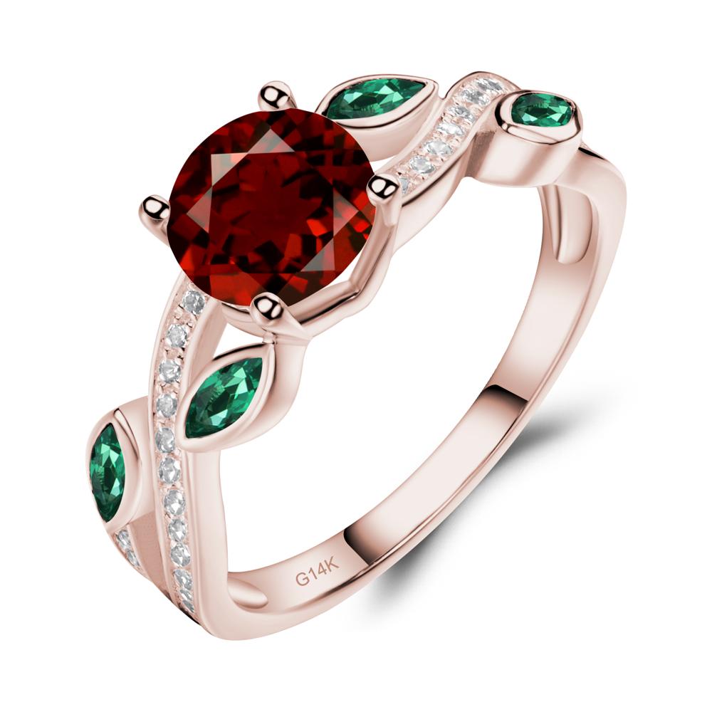 Garnet and Emerald Twisted Leaf Engagement Ring - LUO Jewelry #metal_14k rose gold
