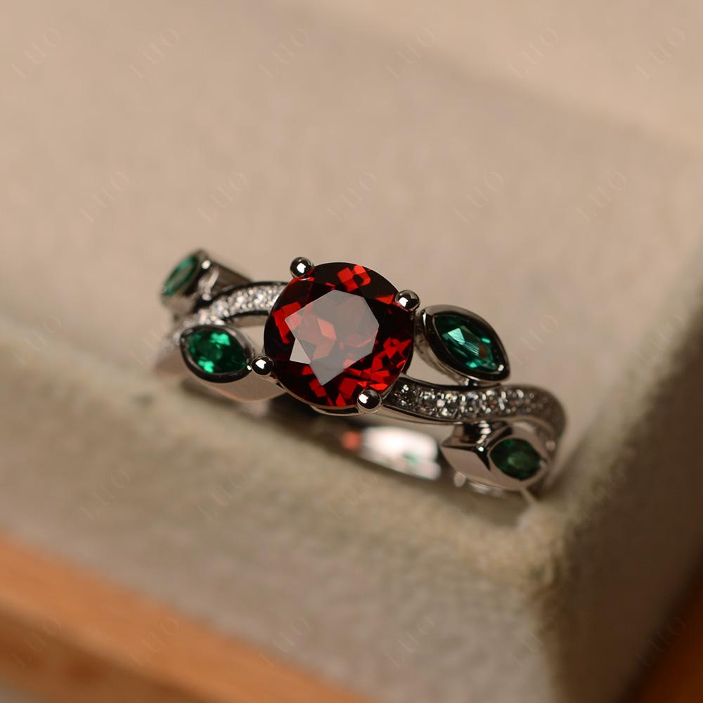 Garnet and Emerald Twisted Leaf Engagement Ring - LUO Jewelry 