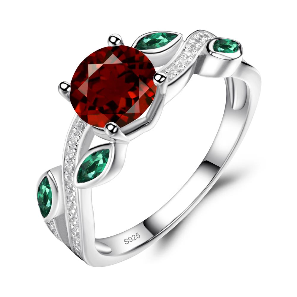 Garnet and Emerald Twisted Leaf Engagement Ring - LUO Jewelry #metal_sterling silver