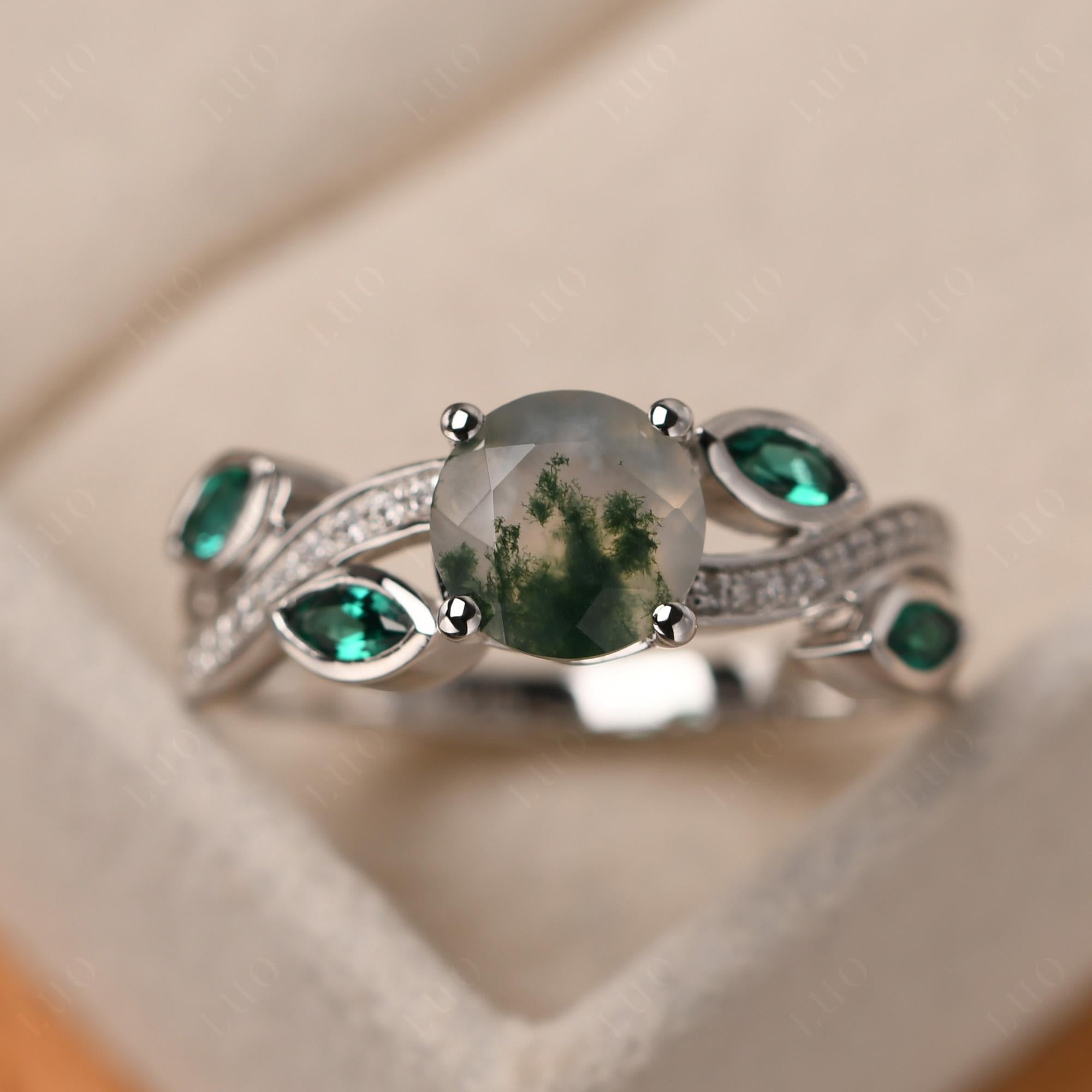 Moss Agate Twisted Leaf Engagement Ring - LUO Jewelry 