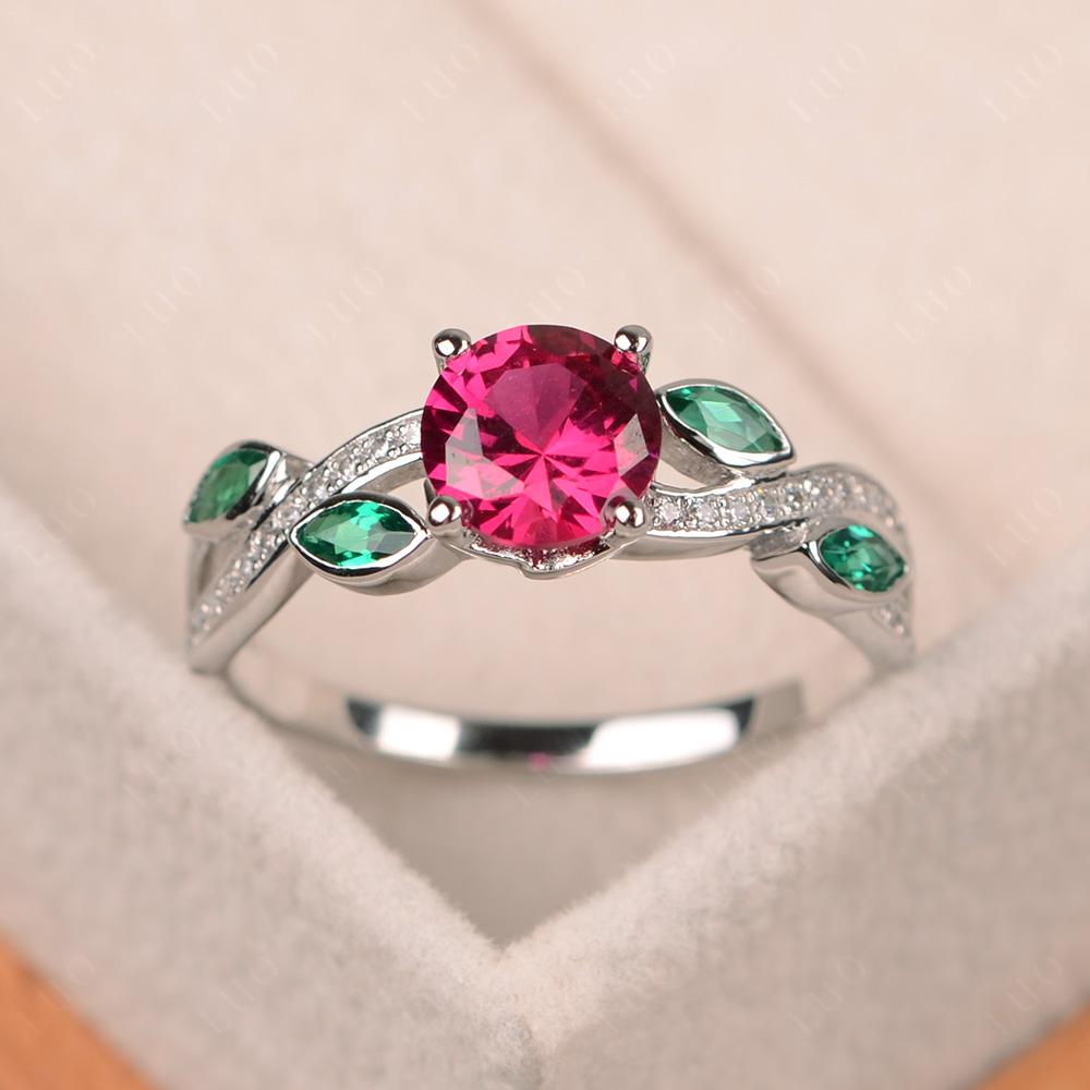 Ruby and Emerald Leaf Engagement Ring - LUO Jewelry 