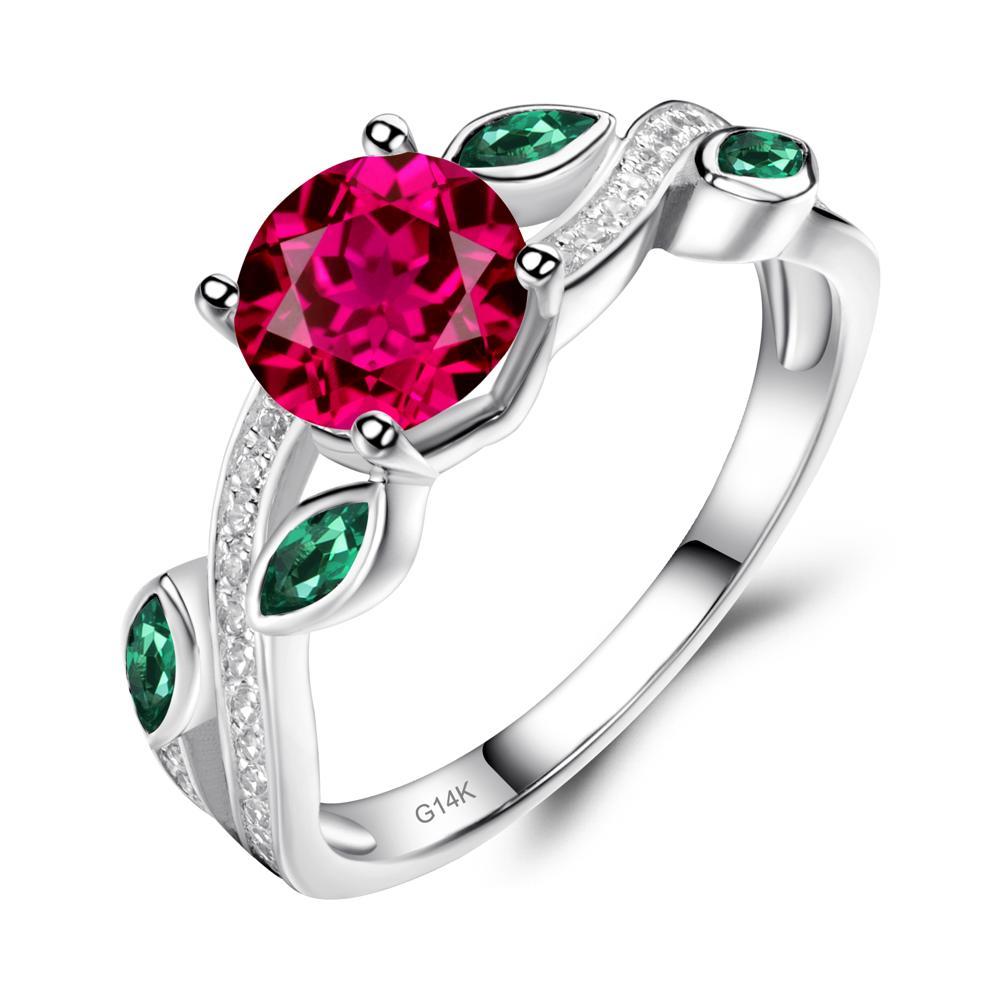 Ruby and Emerald Leaf Engagement Ring - LUO Jewelry #metal_14k white gold
