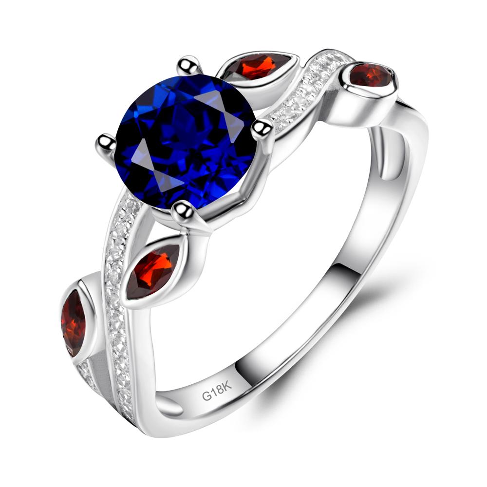 Sapphire and Garnet Engagement Ring with Leaf - LUO Jewelry #metal_18k white gold