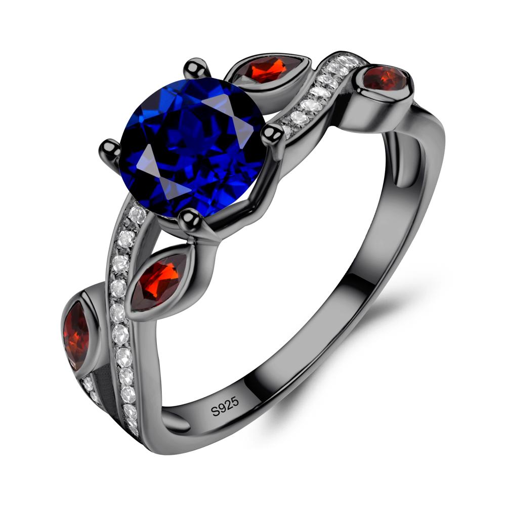 Sapphire and Garnet Engagement Ring with Leaf - LUO Jewelry #metal_black finish sterling silver