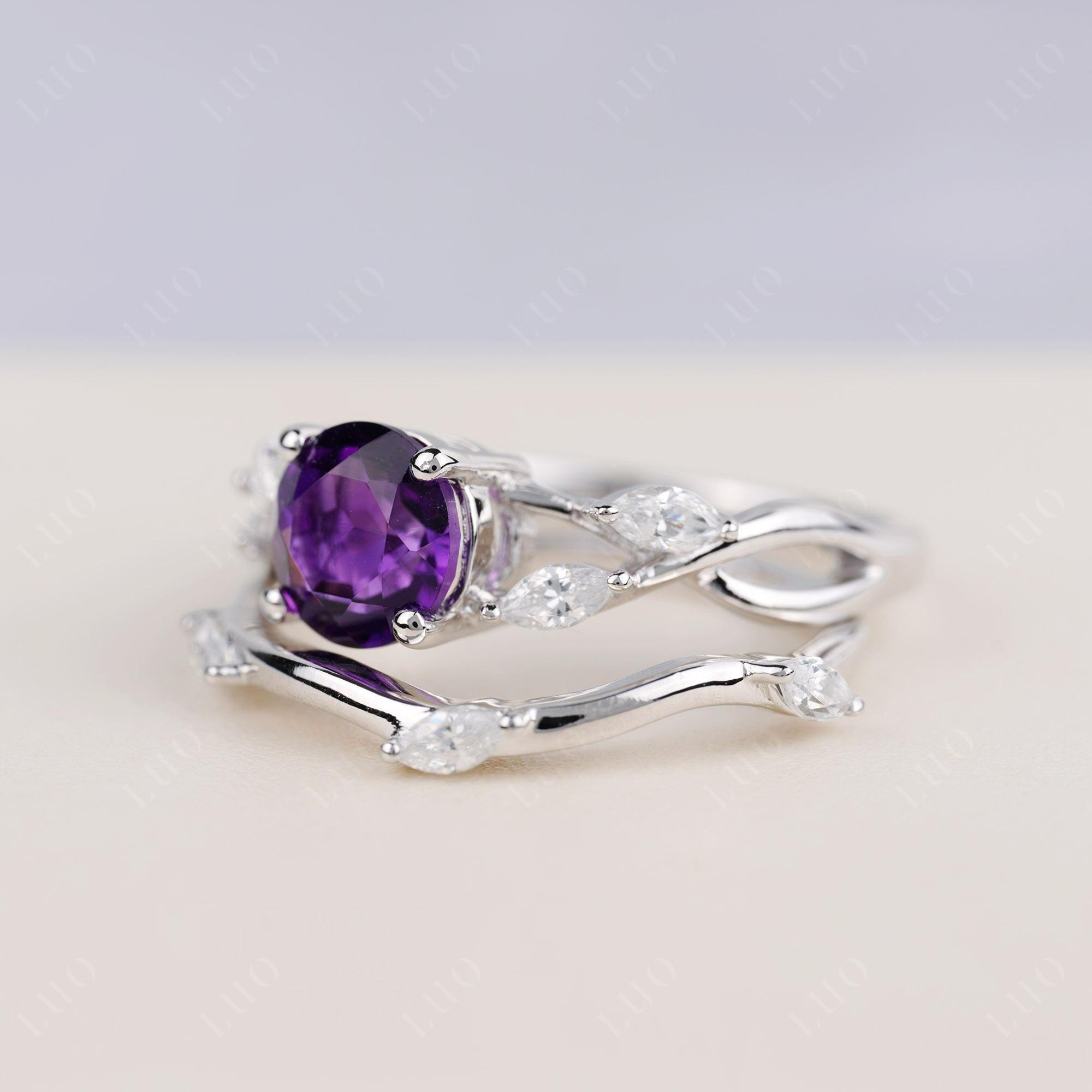 Art Deco Amethyst Bridal Set Engagement Ring - LUO Jewelry 