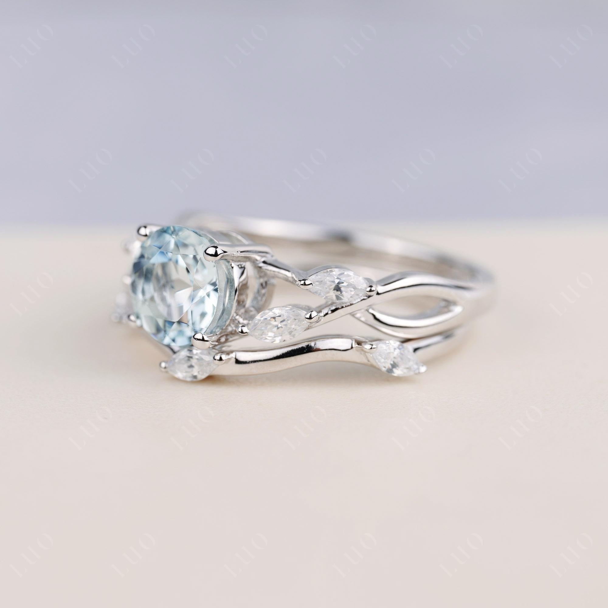 Art Deco Aquamarine Bridal Set Engagement Ring - LUO Jewelry 
