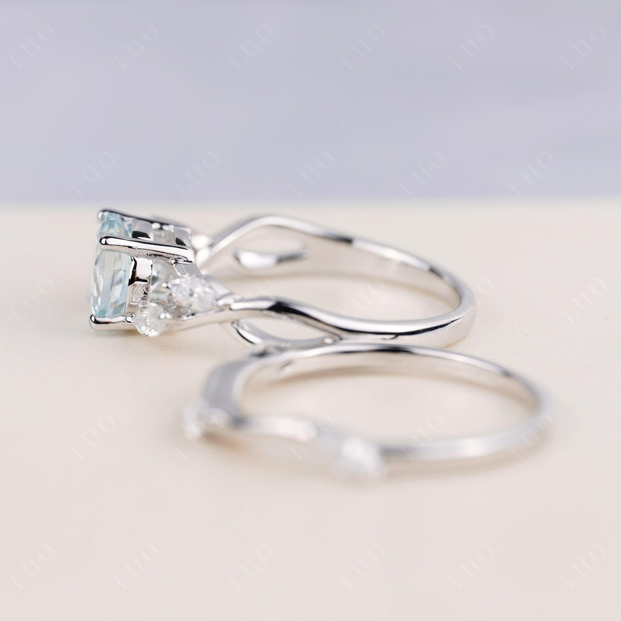Art Deco Aquamarine Bridal Set Engagement Ring - LUO Jewelry 