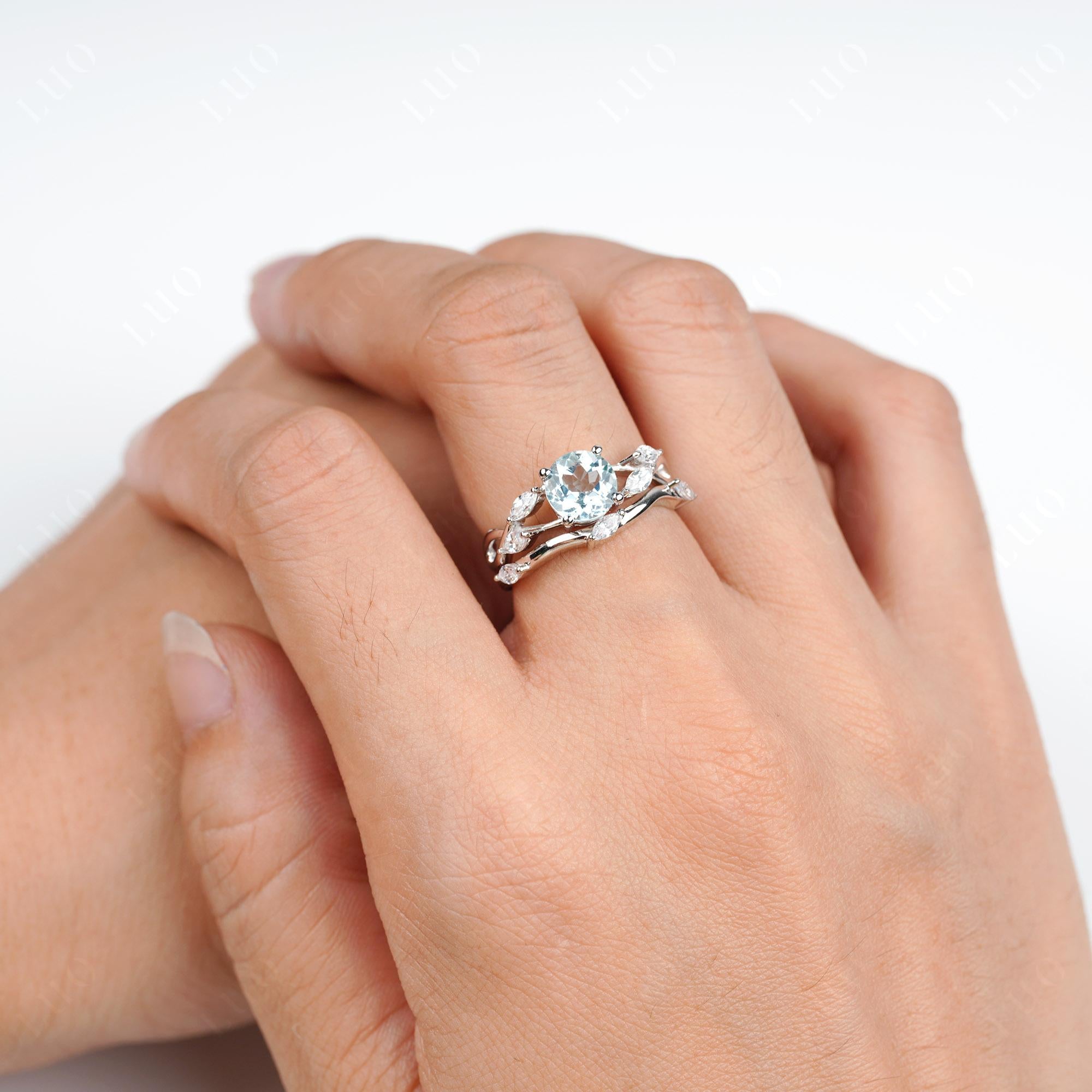 Art Deco Aquamarine Bridal Set Engagement Ring - LUO Jewelry 
