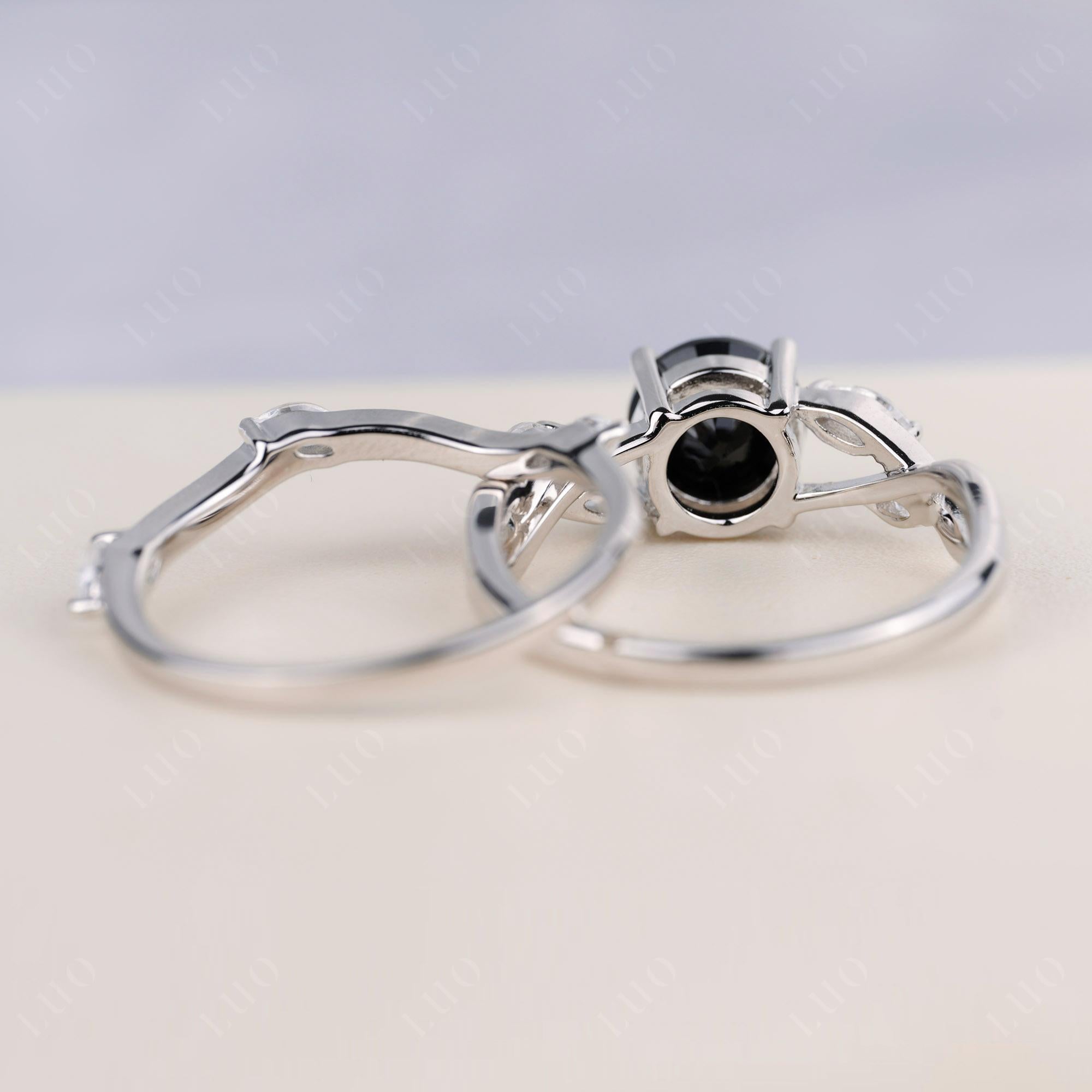 Art Deco Black Spinel Bridal Set Engagement Ring - LUO Jewelry 