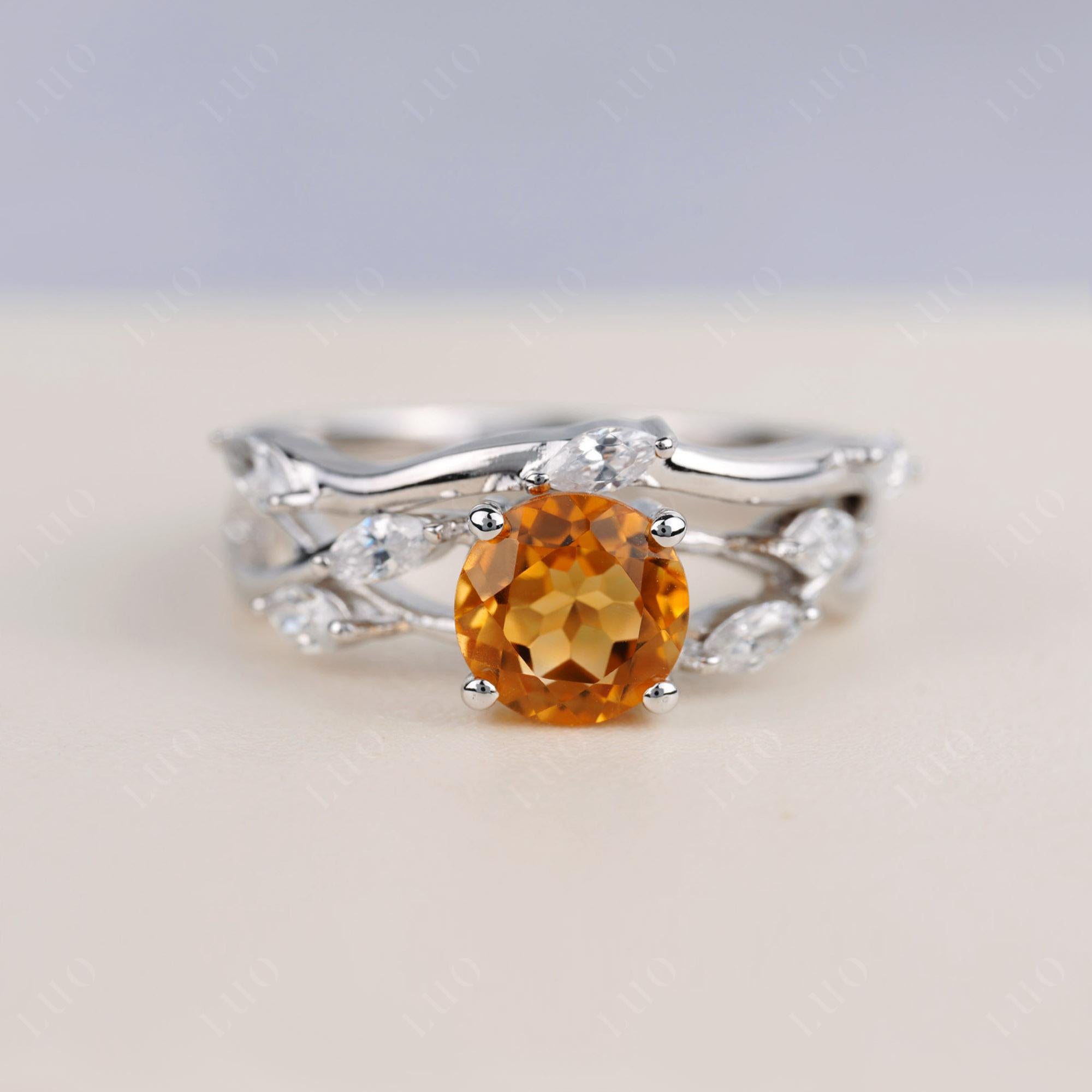 Art Deco Citrine Bridal Set Engagement Ring - LUO Jewelry 