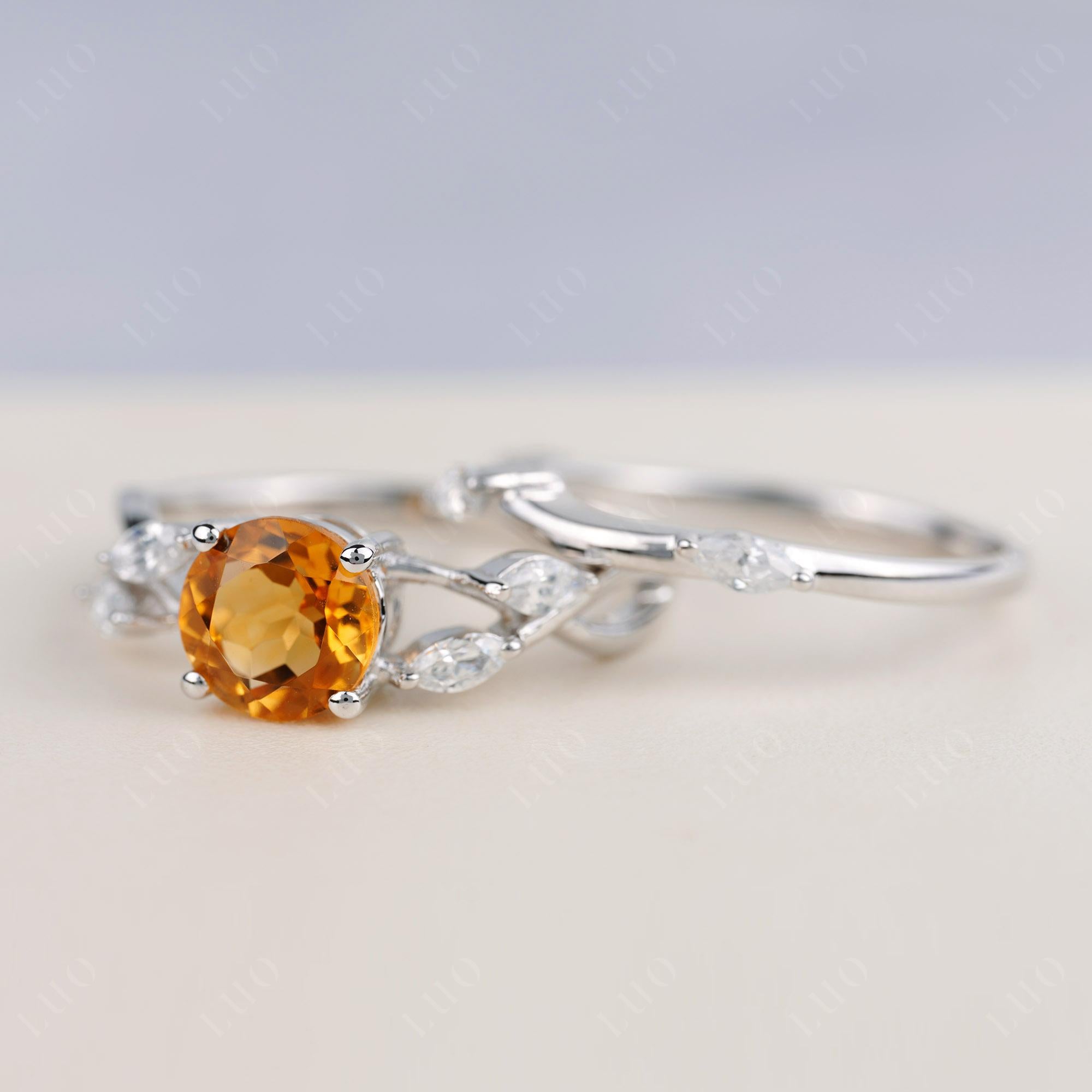 Art Deco Citrine Bridal Set Engagement Ring - LUO Jewelry 
