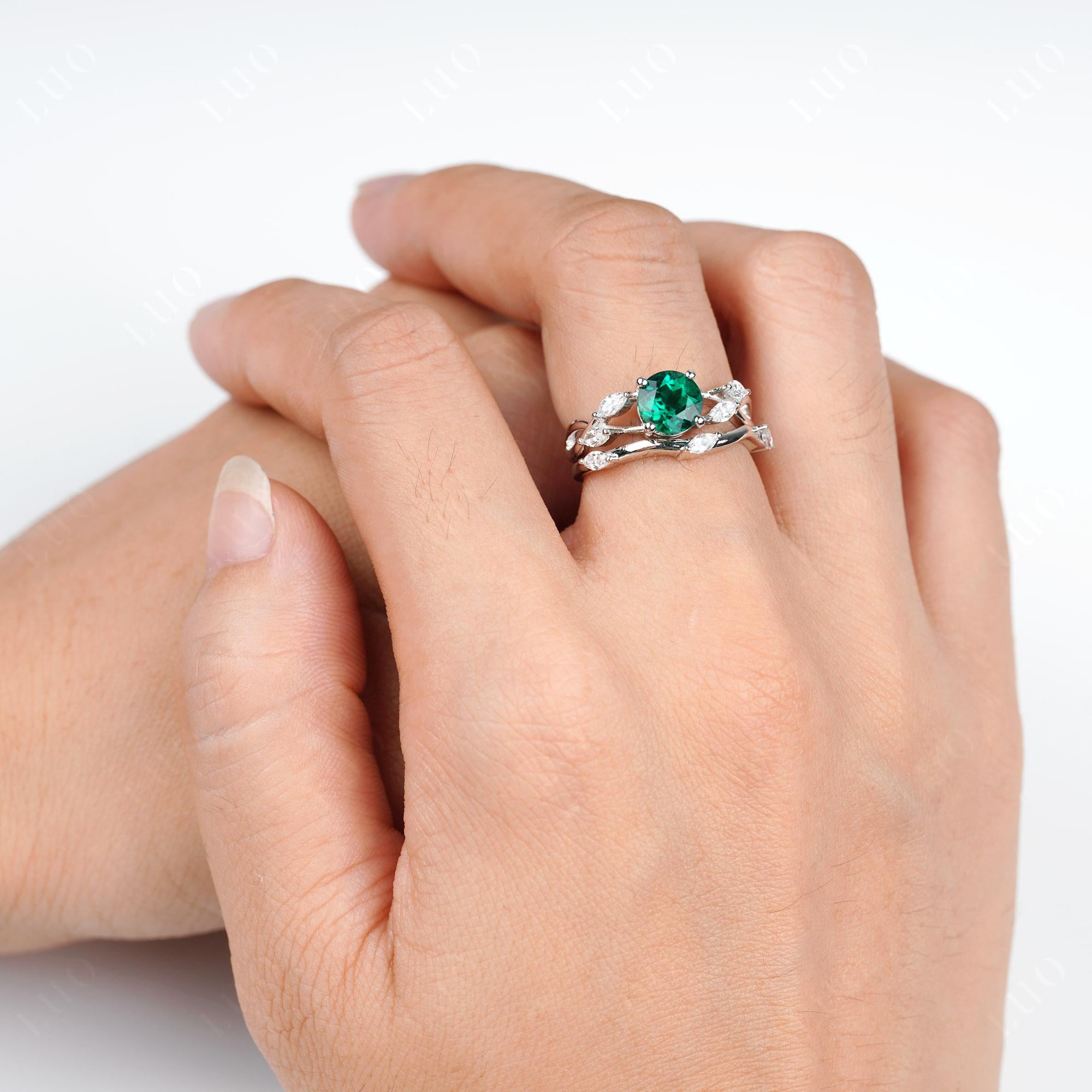 Art Deco Emerald Bridal Set Engagement Ring - LUO Jewelry 