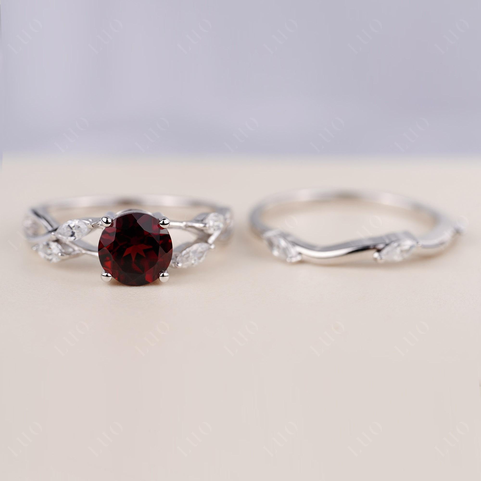Art Deco Garnet Bridal Set Engagement Ring - LUO Jewelry 